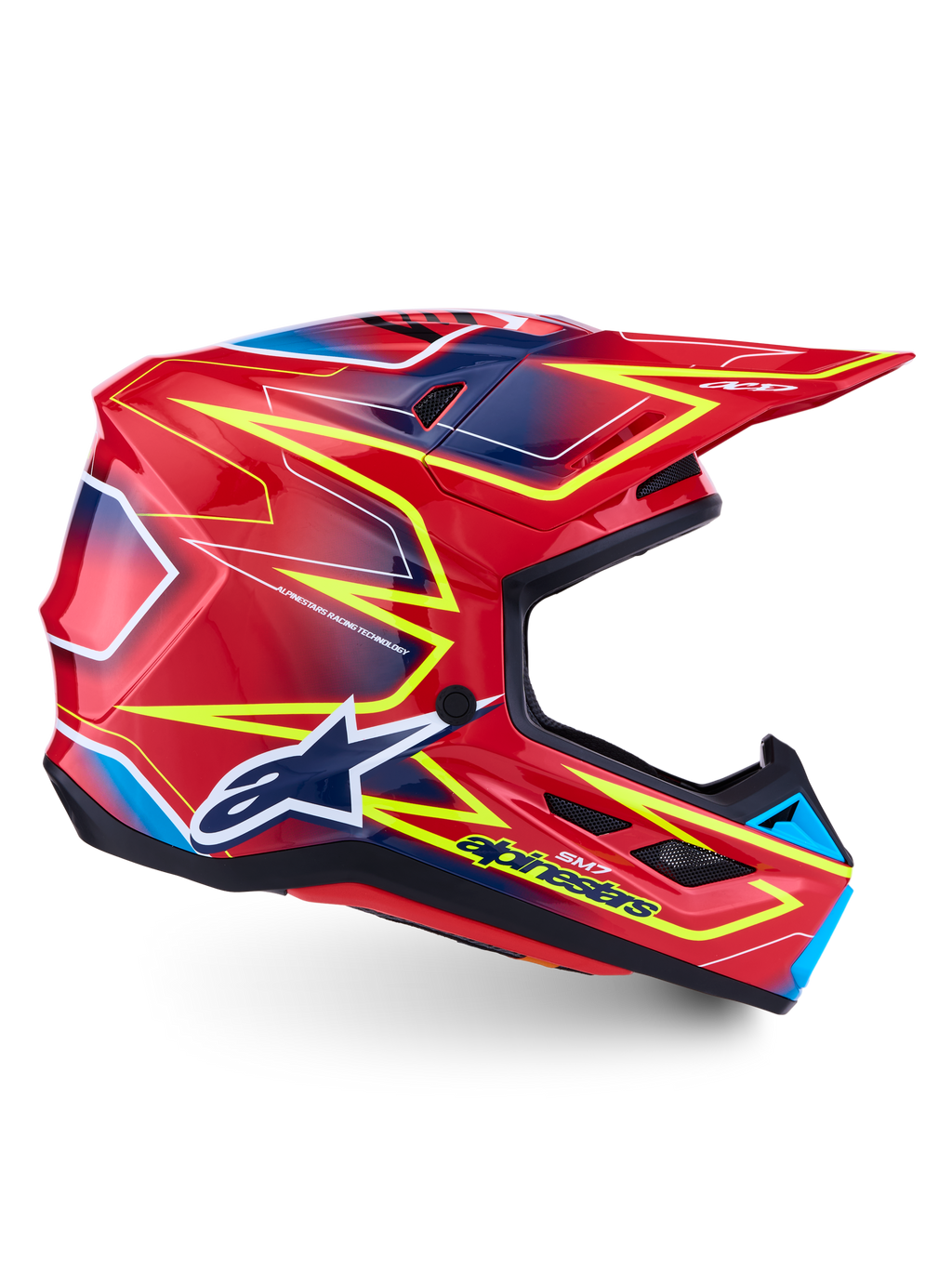 Alpinestars S-M7 Cast Motocross-Helm, glänzend Rot, Gelb Fluo und Blau, ECE 22.06 zertifiziert, aerodynamische Verbundschale