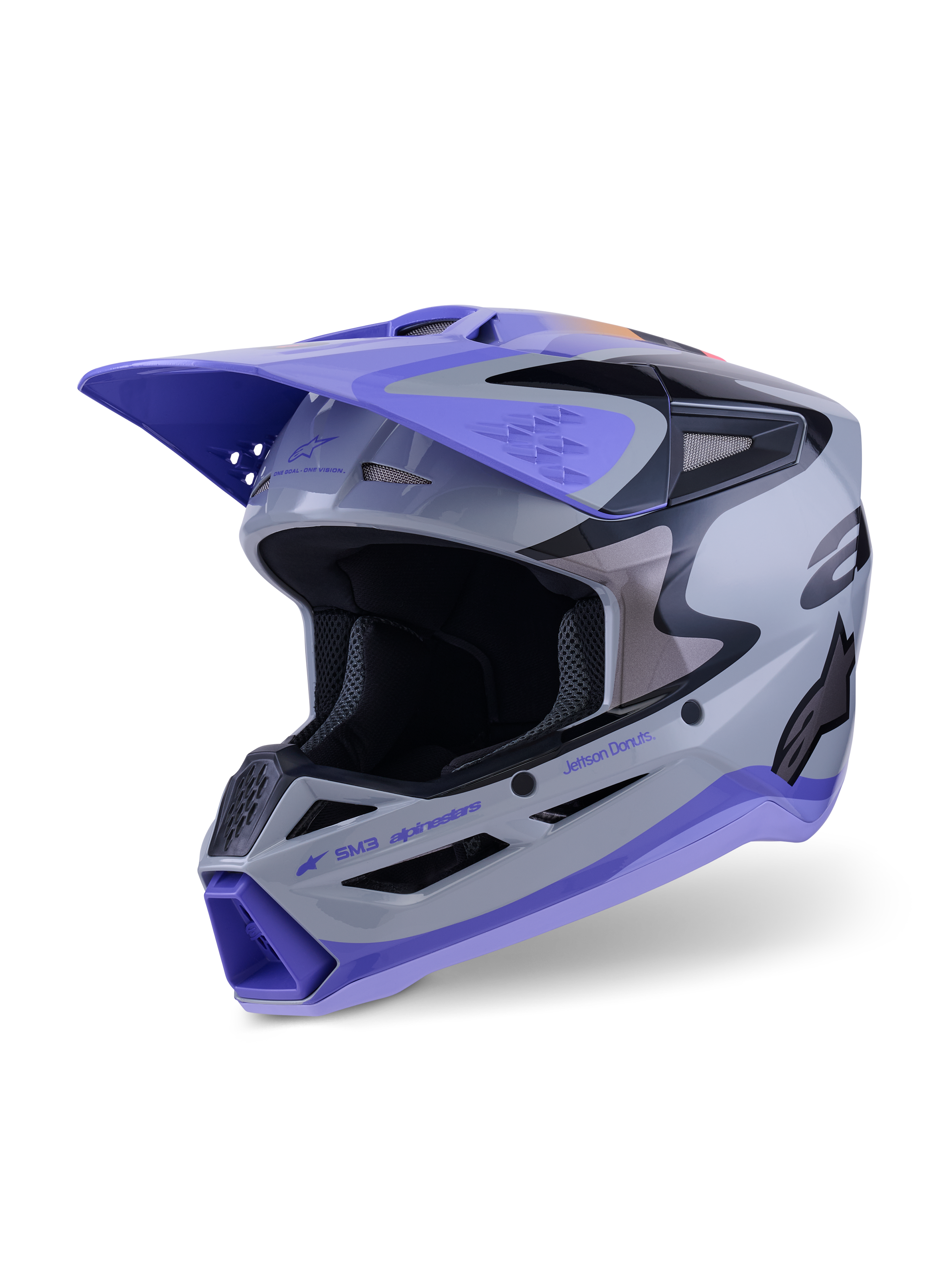 Alpinestars S-M3 Jettson Helm ECE 22.06, Motocross-Helm, Grau, Lila und Schwarz glänzend, Dreiviertelansicht von vorne mit lila Helmschirm, schwarzen Markenakzenten und mehreren Belüftungsöffnungen für Offroad-Performance.