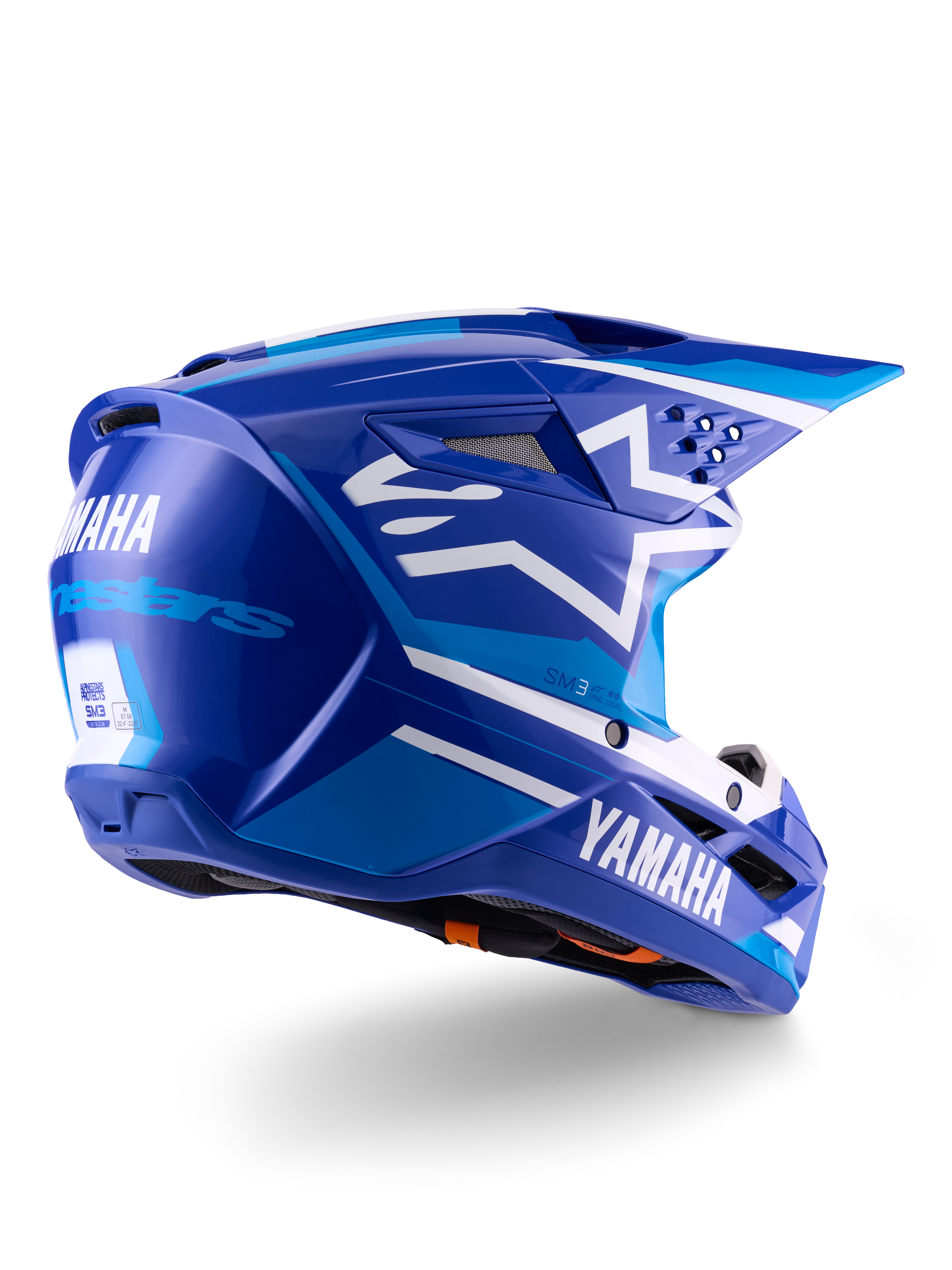 Alpinestars Yamaha S-M3 Helm ECE 22.06, Motocross-Helm, Blau Weiß Glänzend, mit Yamaha- und Alpinestars-Branding, weißes Stern-Logo an der Seite, mehrere Belüftungs- und Entlüftungsöffnungen, aerodynamisches Design für Offroad-Performance