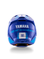 Alpinestars Yamaha S-M3 Helm, Motocross-Helm, Blau Weiß Glänzend, Rückansicht mit weißem YAMAHA-Logo und blauem Alpinestars-Schriftzug, elegantes glänzendes Finish mit sichtbaren Belüftungsöffnungen und Sicherheitszertifizierungen.