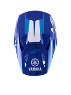 Alpinestars Yamaha S-M3 Helm, Motocross-Helm, Blau und Weiß glänzend, Draufsicht zeigt das Visier mit weißem Yamaha-Logo und Schriftzug, hellblaue grafische Akzente und aggressives aerodynamisches Schalendesign.