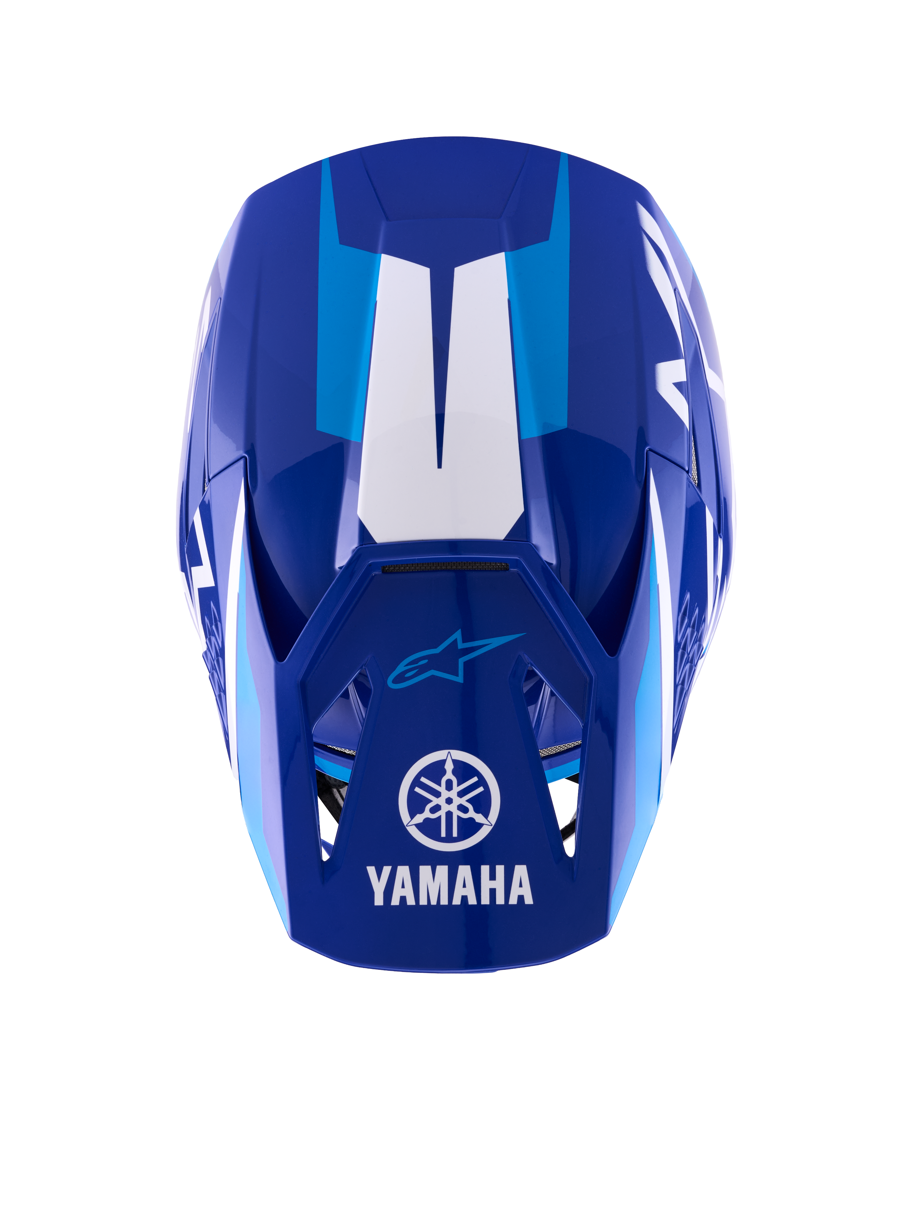 Alpinestars Yamaha S-M3 Helm, Motocross-Helm, Blau und Weiß glänzend, Draufsicht zeigt das Visier mit weißem Yamaha-Logo und Schriftzug, hellblaue grafische Akzente und aggressives aerodynamisches Schalendesign.