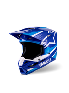 Alpinestars Yamaha S-M3 Jugend-Motocross-Helm, Blau und Weiß glänzend, mit markanten Yamaha- und Alpinestars-Logos, aerodynamisches Visier-Design, weites Sichtfeld und belüfteter Kinnbügel für Offroad-Rennperformance