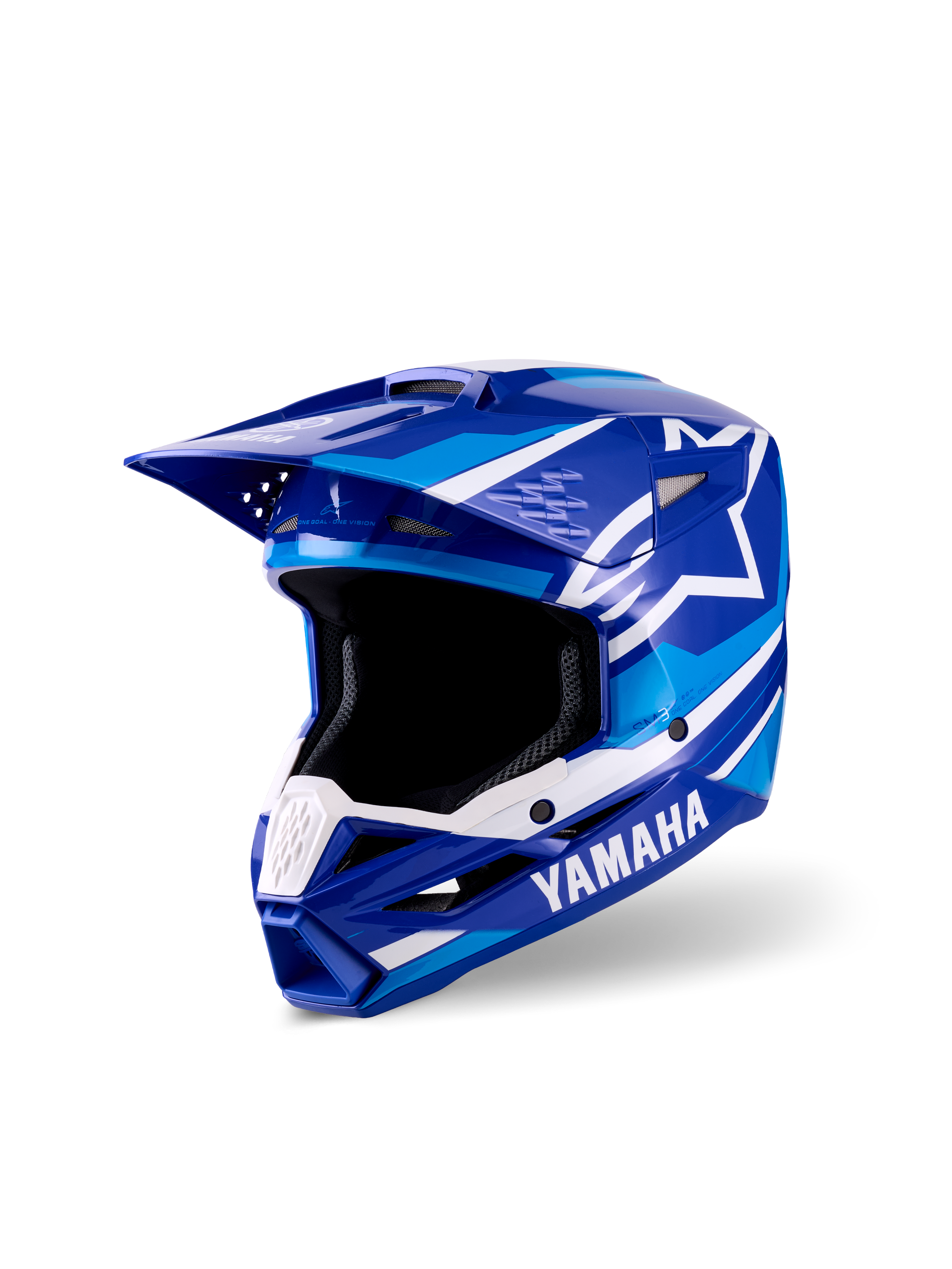Alpinestars Yamaha S-M3 Jugend-Motocross-Helm, Blau und Weiß glänzend, mit markanten Yamaha- und Alpinestars-Logos, aerodynamisches Visier-Design, weites Sichtfeld und belüfteter Kinnbügel für Offroad-Rennperformance