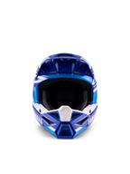 Alpinestars Yamaha S-M3 Jugend-Motocross-Helm, Blau und Weiß glänzend, Vorderansicht mit Fokus auf dem weiten Sichtfeld und dem aggressiven Kinnbügel-Design, Yamaha-Branding und geometrische Grafiken, professioneller Offroad-Kopfschutz für junge Fahrer