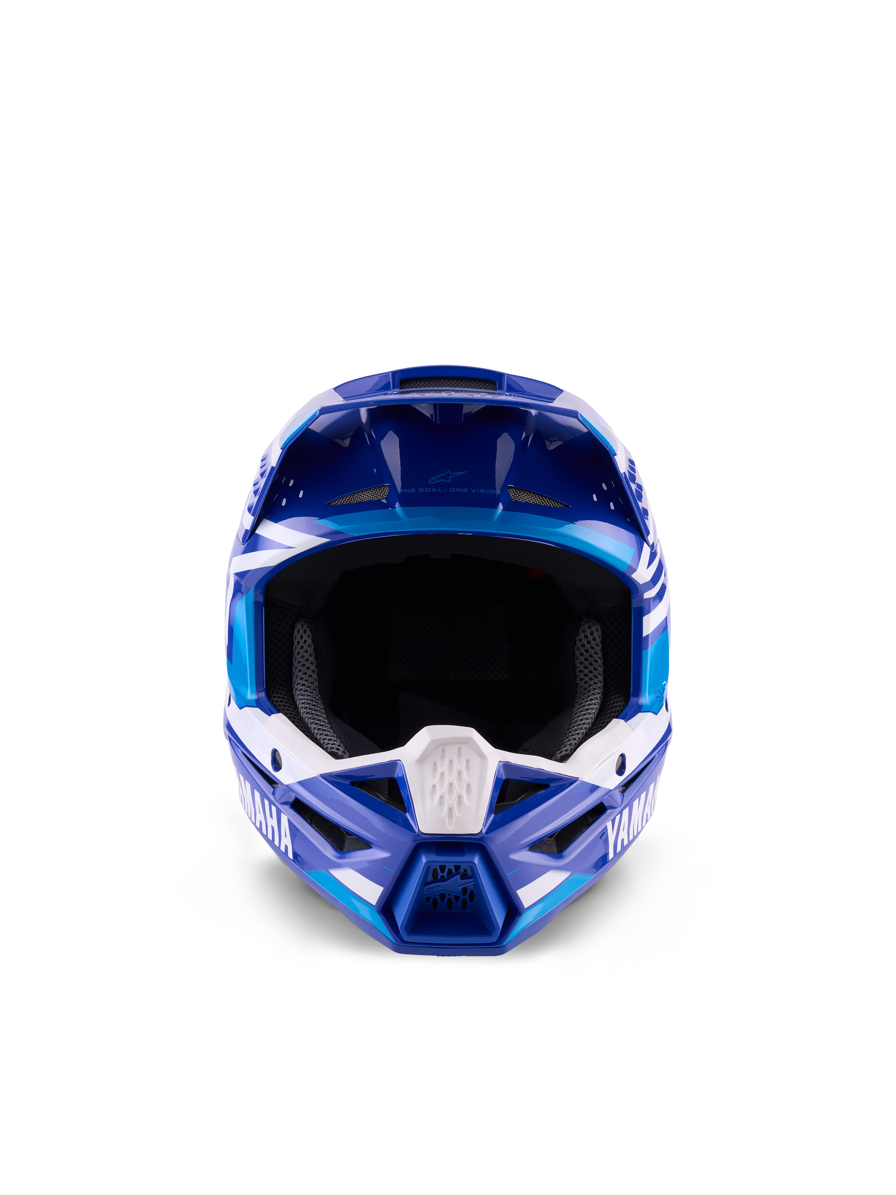 Alpinestars Yamaha S-M3 Jugend-Motocross-Helm, Blau und Weiß glänzend, Vorderansicht mit Fokus auf dem weiten Sichtfeld und dem aggressiven Kinnbügel-Design, Yamaha-Branding und geometrische Grafiken, professioneller Offroad-Kopfschutz für junge Fahrer
