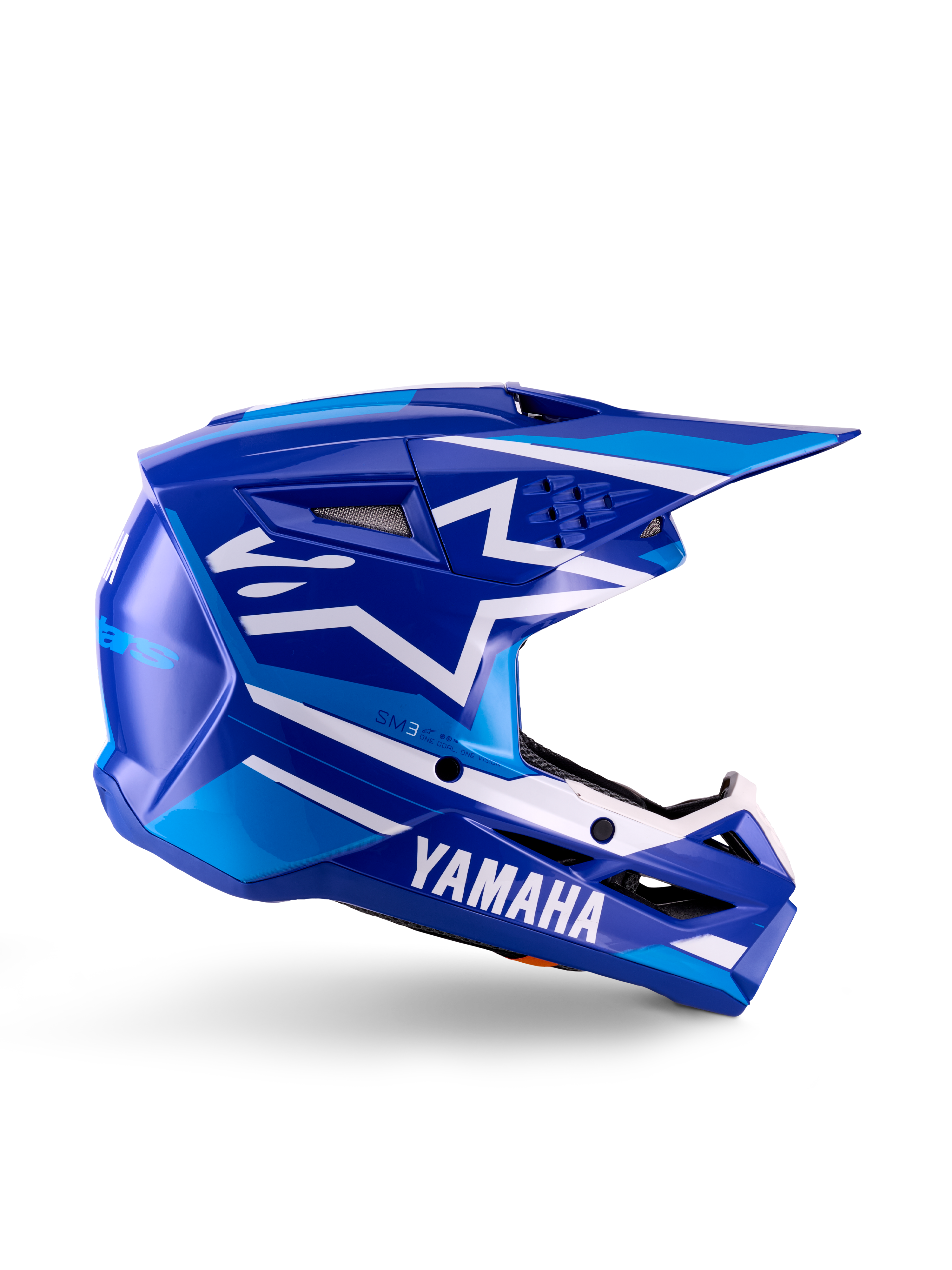 Yamaha S-M3 Jugend-Motocross-Helm, Blau-Weiß glänzend, Seitenansicht mit markantem Yamaha-Branding und Alpinestars-Sternlogo, geometrisches Design mit hellblauen Akzenten, belüftete Schale mit langem Visier, ECE 22.06 zertifizierter Offroad-Kopfschutz