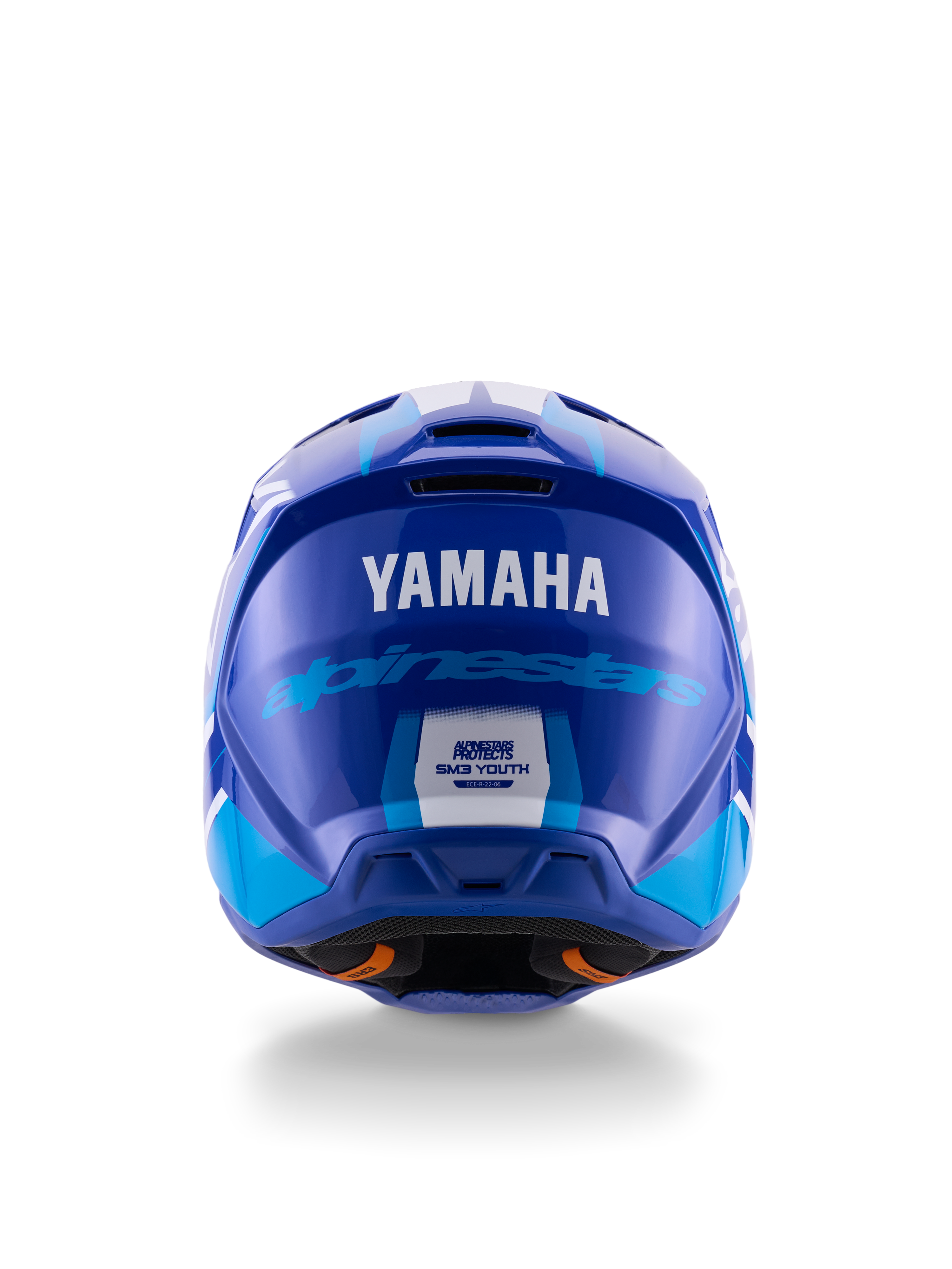 Yamaha S-M3 Jugend-Motocross-Helm, Rückansicht, Blau und Weiß glänzend, mit markantem Yamaha- und Alpinestars-Branding, aerodynamisches Schalendesign mit ECE 22.06 Sicherheitszertifizierung, professioneller Kopfschutz für den Offroad-Rennsport