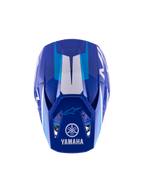 Alpinestars Yamaha S-M3 Jugend-Motocross-Helm, Blau Weiß Glänzend, Draufsicht zeigt die Außenschale und das Visier, mit Yamaha und Alpinestars Logos, aerodynamisches Design mit glänzendem Finish und weißen grafischen Akzenten.