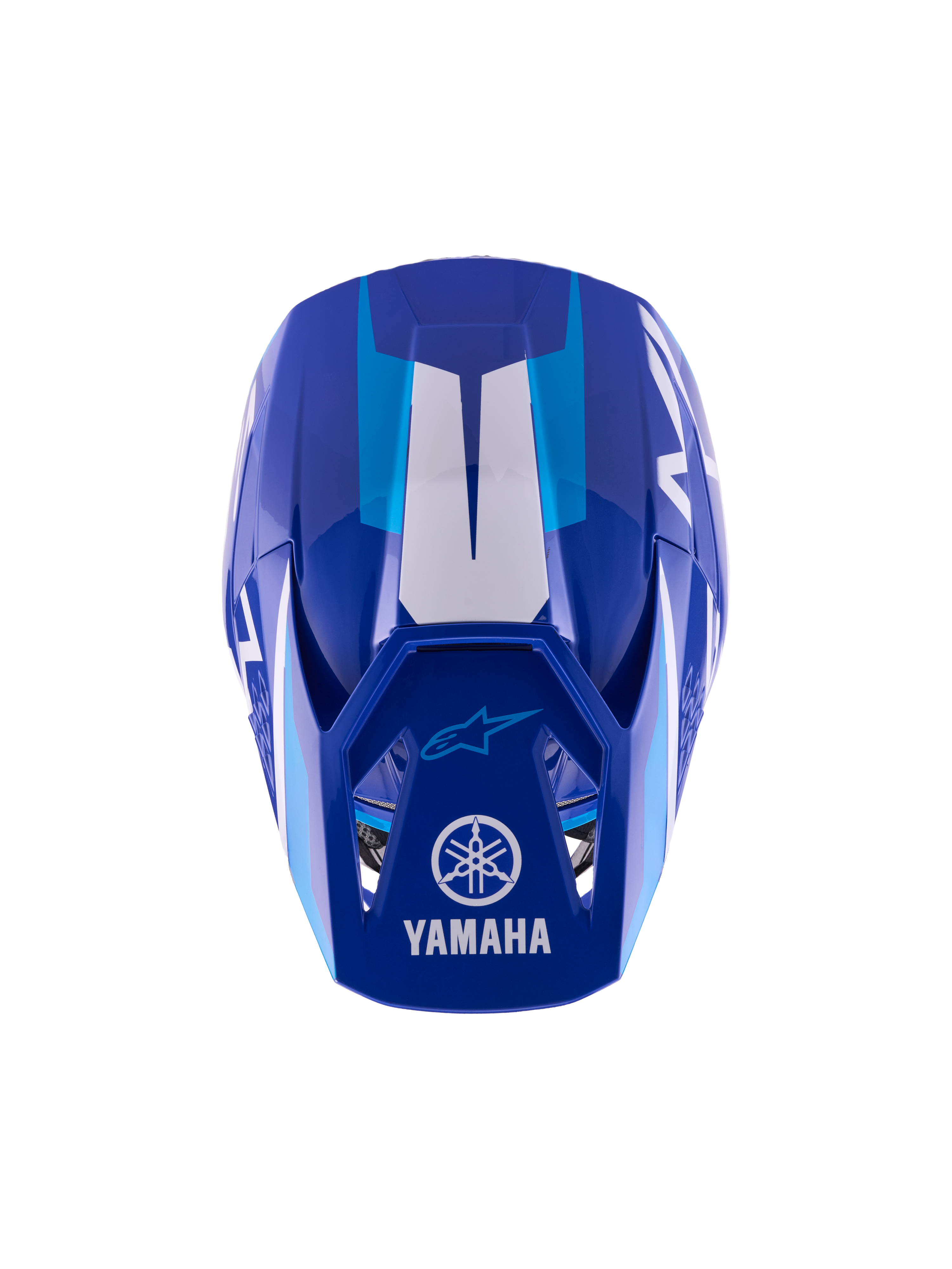 Alpinestars Yamaha S-M3 Jugend-Motocross-Helm, Blau Weiß Glänzend, Draufsicht zeigt die Außenschale und das Visier, mit Yamaha und Alpinestars Logos, aerodynamisches Design mit glänzendem Finish und weißen grafischen Akzenten.