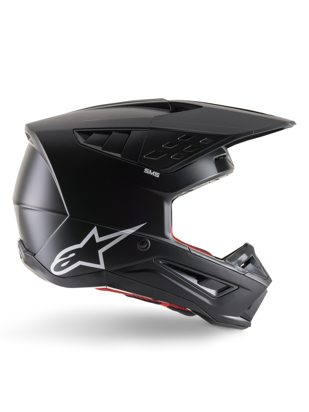 Alpinestars S-M5 Solid Helm, Motocross-Helm, Matt-Schwarz mit weißem Alpinestars Stern-Logo und rotem Innenfutter, aerodynamisches Design mit mehreren Belüftungsöffnungen und langem Visier, ECE 22.06 zertifizierter Offroad-Schutz