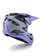 Alpinestars S-M3 Jettson Jugend-Helm, Motocross-Helm, Grau, Lila und Schwarz glänzend, Dreiviertel-Rückansicht, mit lila Visier, schwarzem Alpinestars-Logo und mehreren Belüftungsöffnungen, elegantes Design für Jugend-Offroad-Rennsport