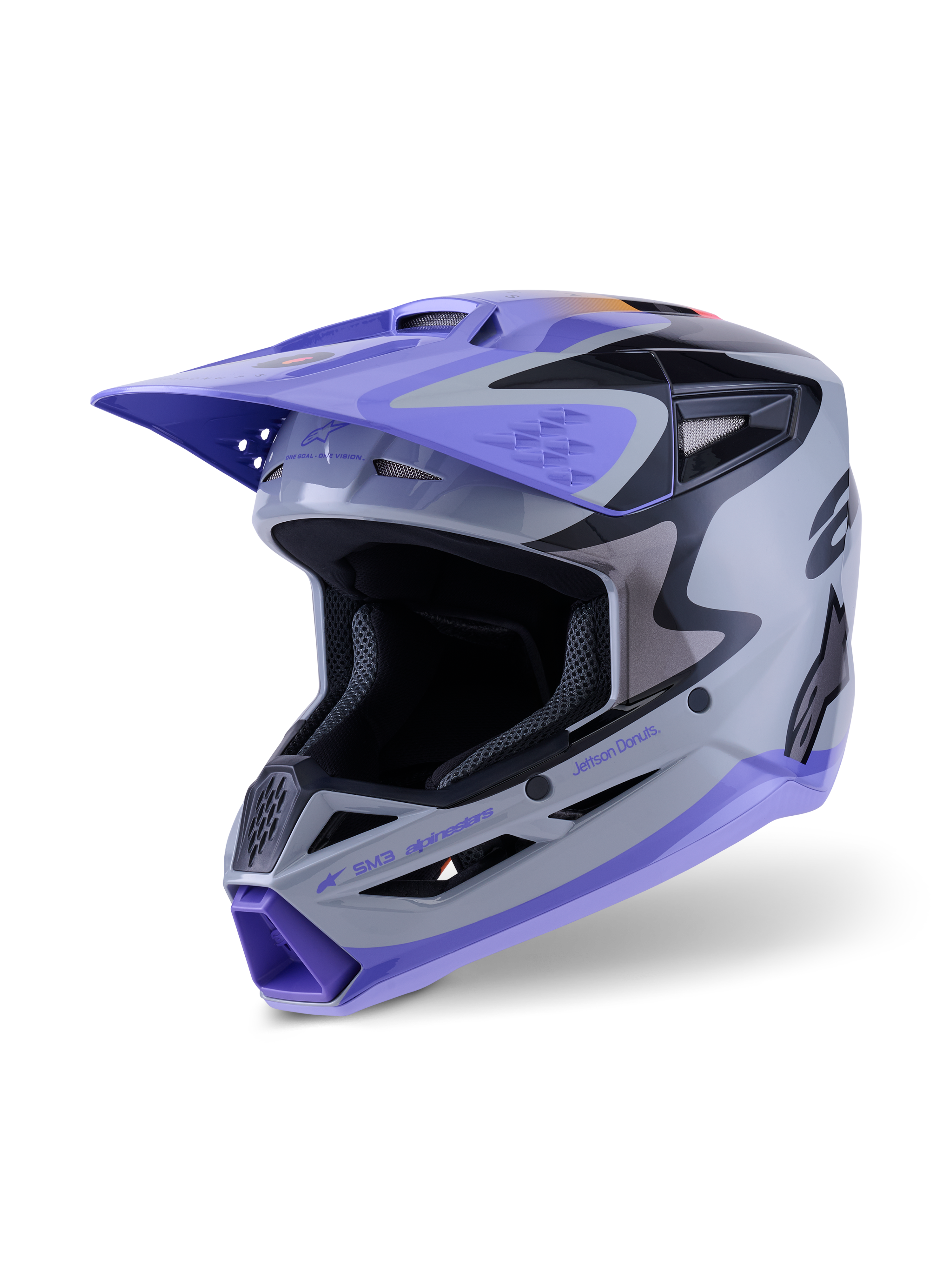 Alpinestars S-M3 Jettson Jugend-Helm ECE 22.06, Motocross-Helm, Grau, Lila und Schwarz glänzend, mit lilafarbenem Visier und Kinnschutz, aerodynamische Schale mit Mesh-Belüftungsöffnungen, auffällige Grafiken für den Jugend-Offroad-Rennsport