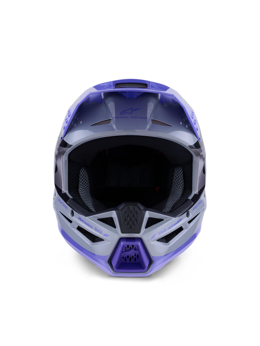 Alpinestars S-M3 Jettson Helm, Motocross-Helm, Grau, Violett und Schwarz glänzend, Vorderansicht mit breiter Sichtöffnung und belüftetem Kinnschutz mit violetten Akzenten, schlankes thermoinjiziertes Schalendesign für Offroad-Performance