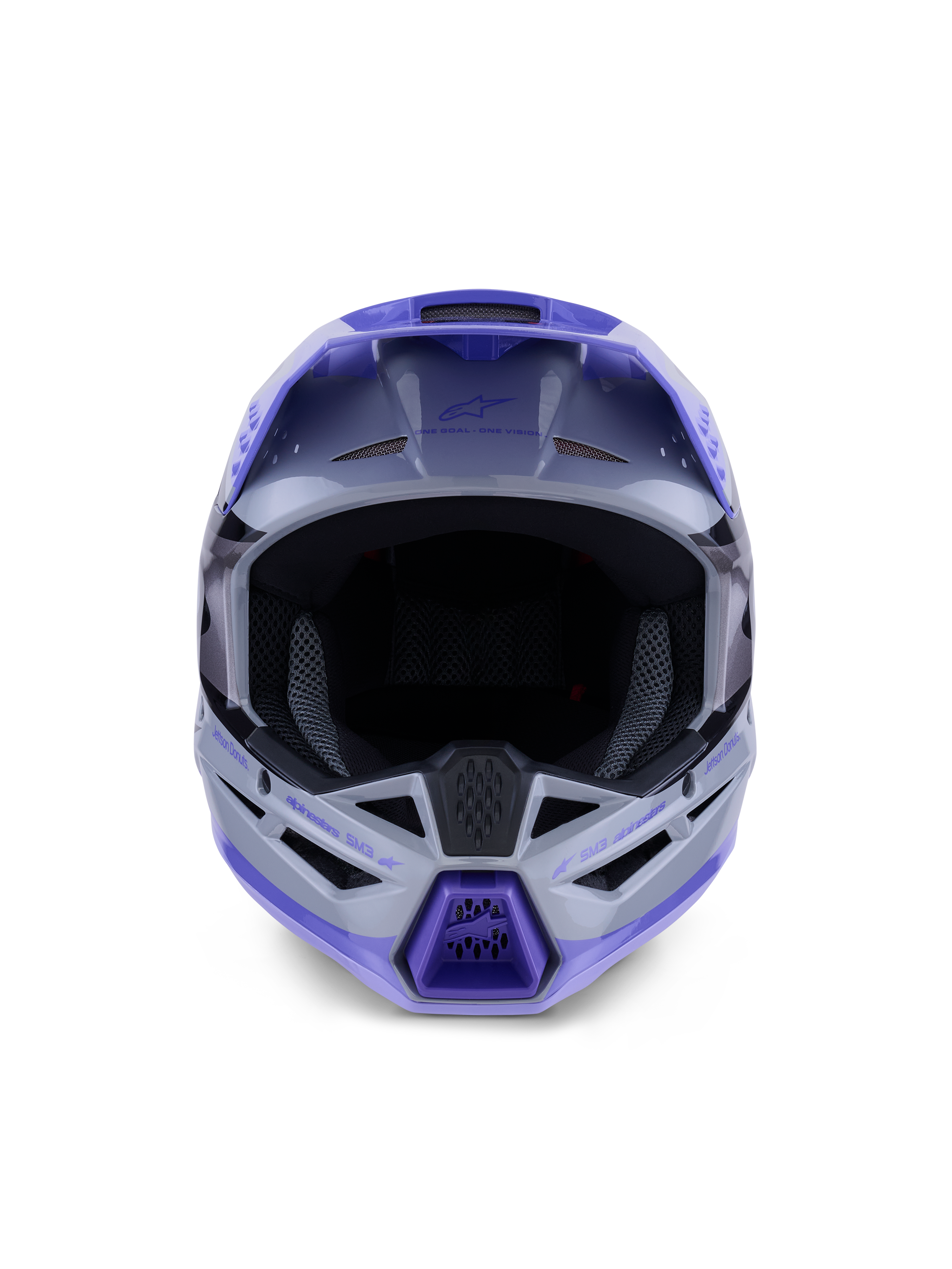 Alpinestars S-M3 Jettson Jugend-Helm, Motocross-Helm, glänzendes Finish in Grau, Lila und Schwarz, Vorderansicht mit großer Augenöffnung für Brillen und belüftetem Kinnschutz, professioneller Offroad-Kopfschutz.