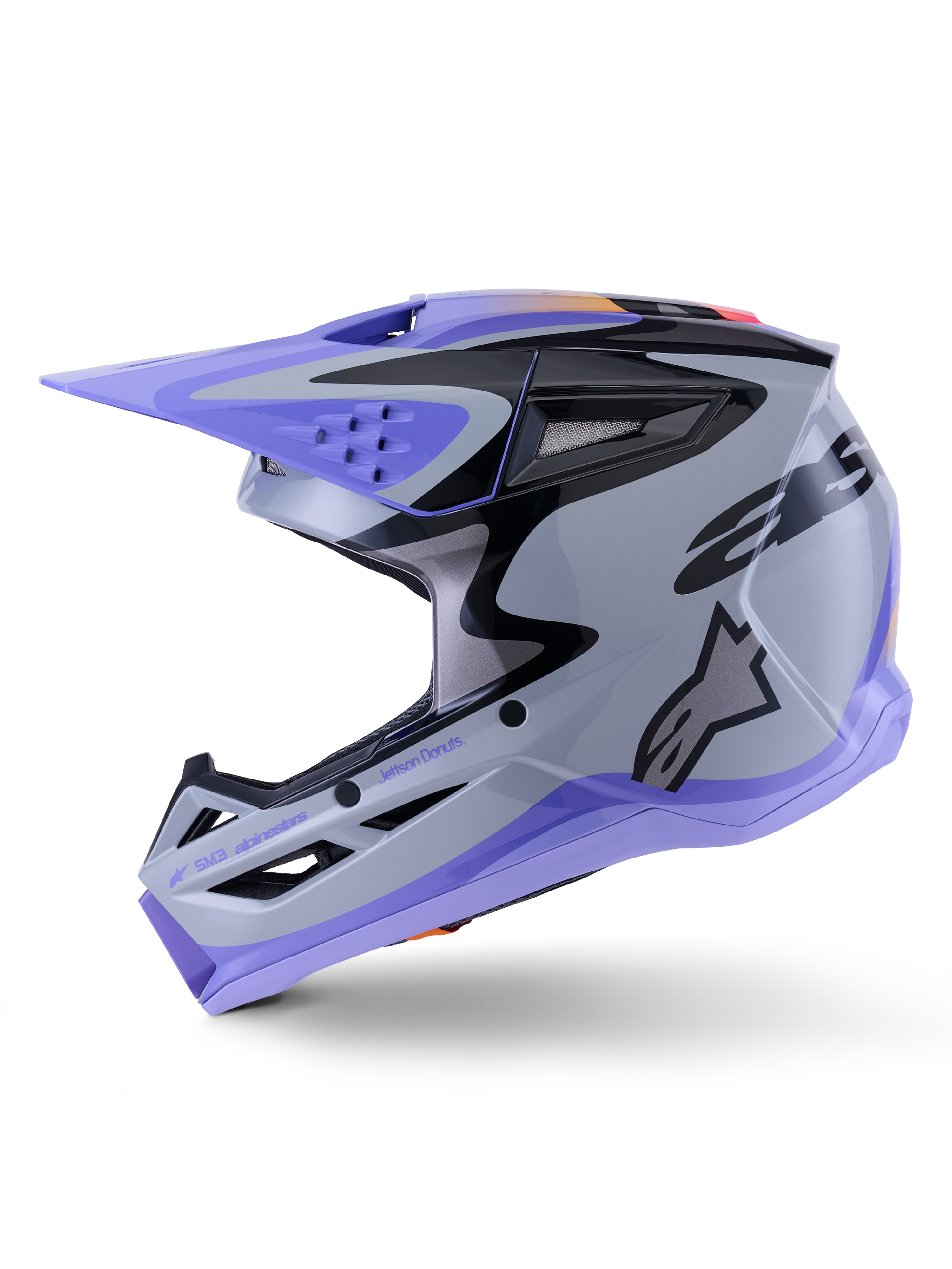 Alpinestars S-M3 Jettson Jugend-Helm, Motocross-Helm, Grau, Lila und Schwarz glänzend, mit lila Visier und unterem Rand, schwarze Grafikmuster mit seitlichem Logo, professioneller Kopfschutz für den Offroad-Rennsport von Jugendlichen