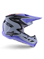 Alpinestars S-M3 Jettson Helm ECE 22.06, Motocross-Helm, Grau, Lila und Schwarz glänzend, Seitenansicht, lila Visier und Kinnschutz, schlanke aerodynamische Schale mit schwarzen Grafiken, mehrere Belüftungsöffnungen und „Jettson Donuts“-Branding auf der Seite.