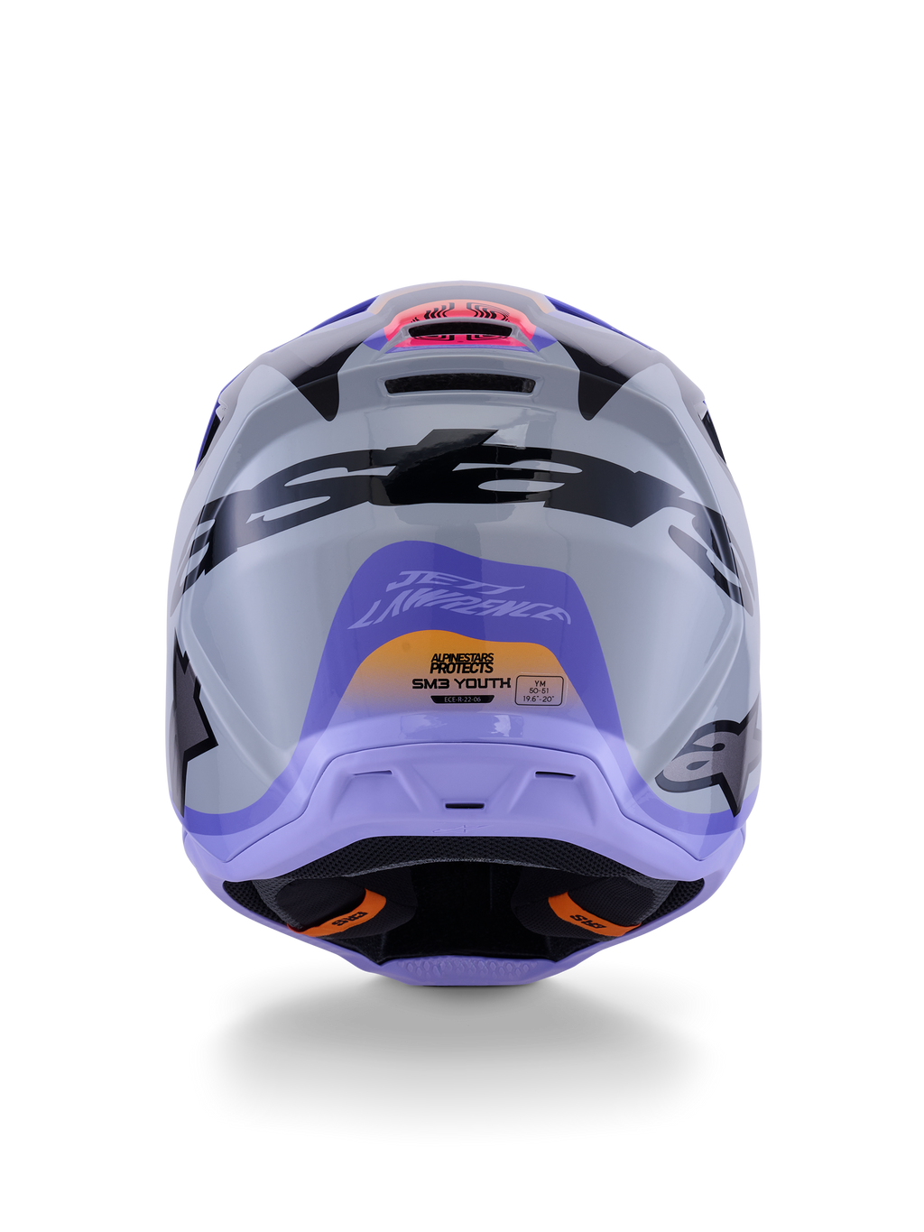 Alpinestars S-M3 Jettson Jugendhelm, Rückansicht, Grau mit lila und schwarzen glänzenden Grafiken, mit Jett Lawrence Signature-Design und Alpinestars-Logos, Offroad-Motocross-Helm