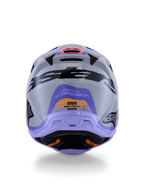 Alpinestars S-M3 Jettson Jugendhelm, Rückansicht, Grau mit lila und schwarzen glänzenden Grafiken, mit Jett Lawrence Signature-Design und Alpinestars-Logos, Offroad-Motocross-Helm