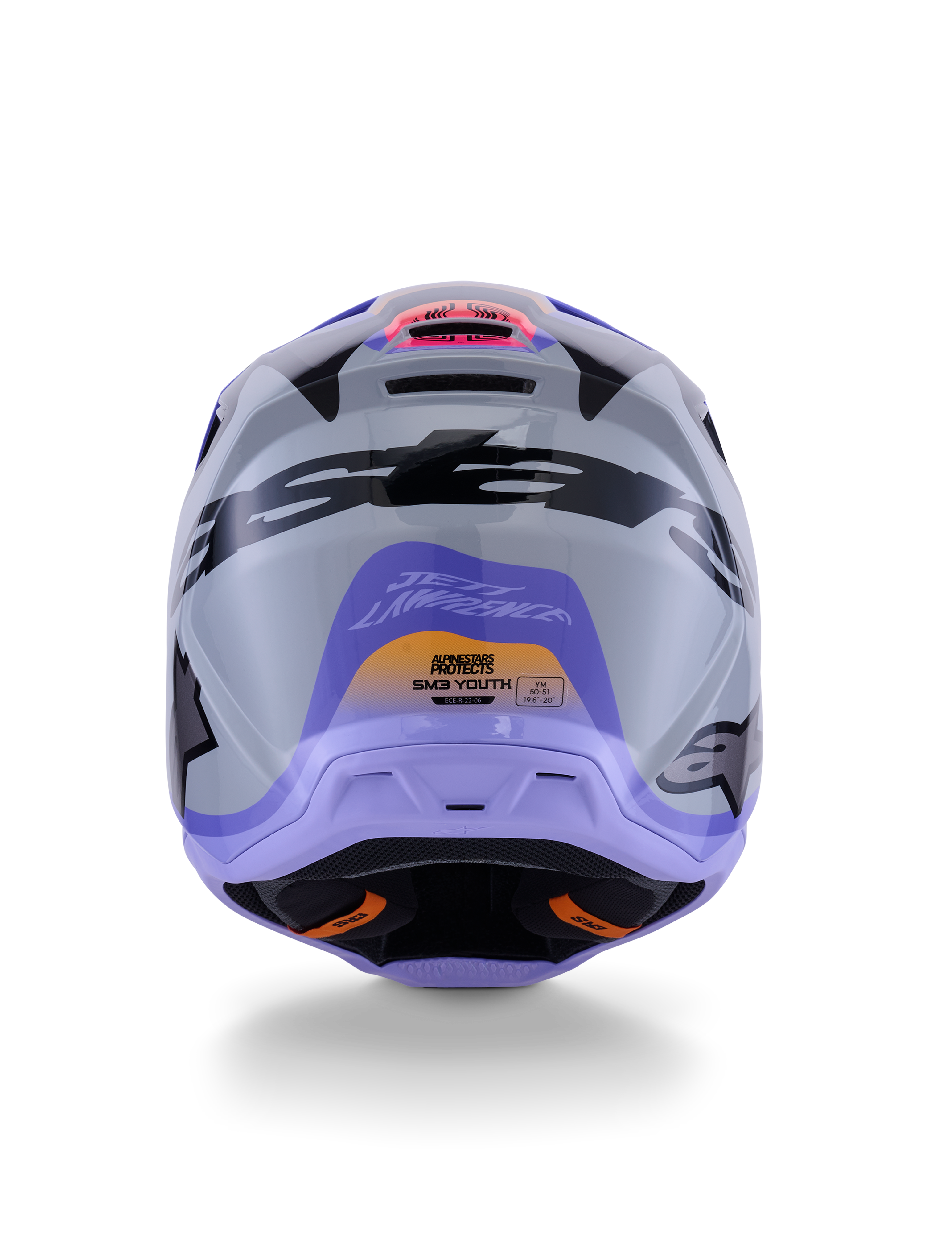 Alpinestars S-M3 Jettson Jugendhelm, Rückansicht, Grau mit lila und schwarzen glänzenden Grafiken, mit Jett Lawrence Signature-Design und Alpinestars-Logos, Offroad-Motocross-Helm