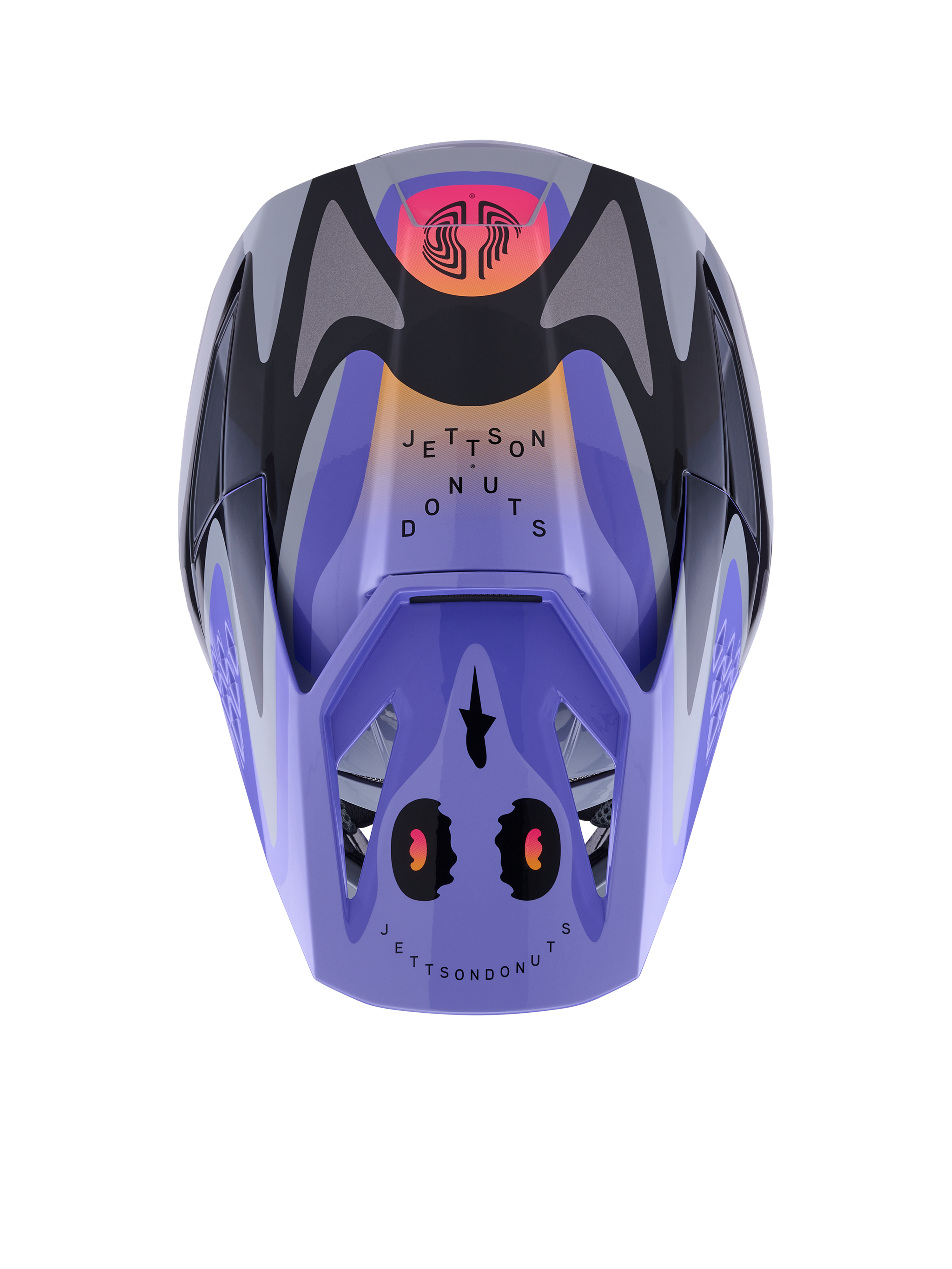 Alpinestars S-M3 Jettson Helm, Motocross-Helm, Grau-Lila-Schwarz Glänzend mit orangefarbenen und pinkfarbenen Farbverläufen, Draufsicht mit „Jettson Donuts“-Grafiken und Alpinestars-Logo auf dem Visier, glänzendes Finish.