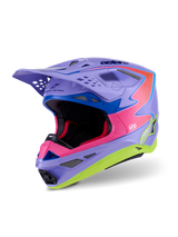 Alpinestars Supertech M10 Jett Lawrence R01 Helm, Motocross-Helm, Lila, Pink und Neongelb Glänzend, aerodynamisches Design mit Multi-Composite-Carbonschale, mehrere Belüftungsöffnungen und auffällige Renn-Grafiken für Offroad-Performance