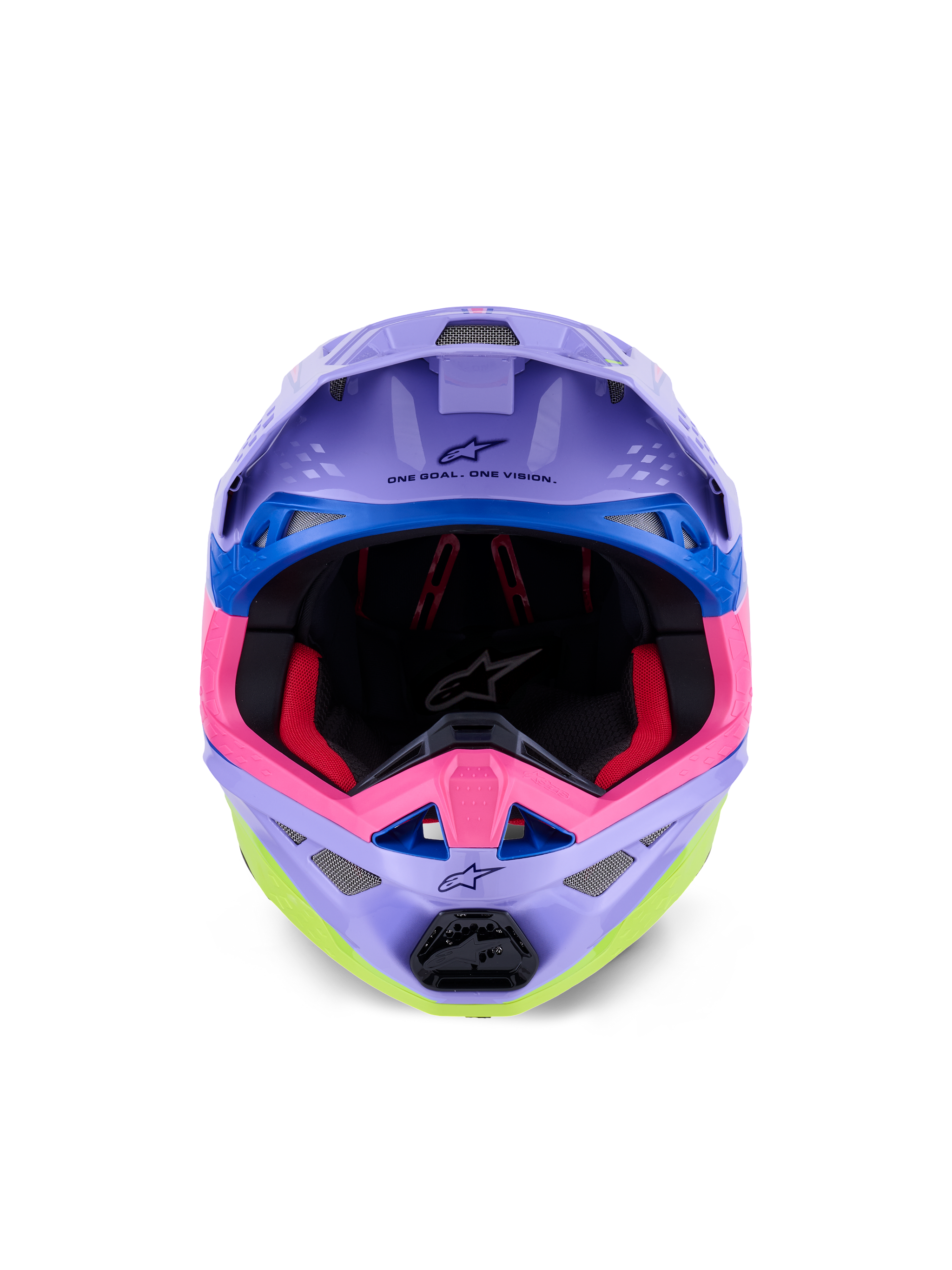 Alpinestars Supertech M10 Jett Lawrence R01 Helm, Motocross-Helm, Lila, Pink und Fluo-Gelb glänzend, Vorderansicht mit Sicht auf die Innenpolsterung und den Kinnbügel, „ONE GOAL. ONE VISION.“ Aufdruck unter dem Visier, farbenfrohe Renn-Grafiken mit blauen Akzenten