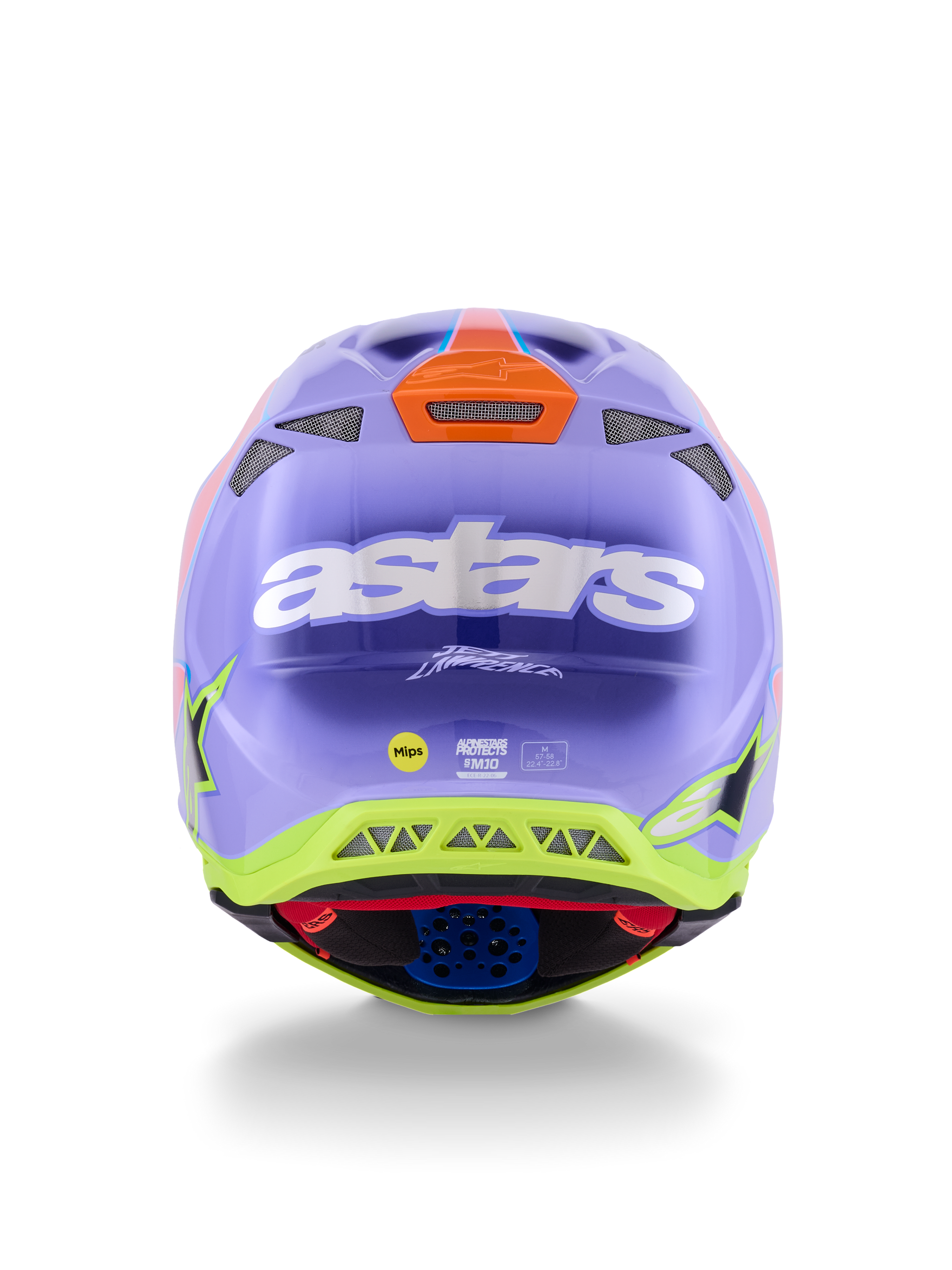 Alpinestars Supertech M10 Jett Lawrence R01 Helm, Motocross-Helm, Violett, Pink und fluoreszierendes Gelb, Rückansicht mit markantem weißem astars-Logo, Jett Lawrence Signatur und mehreren Belüftungsöffnungen, schlankes aerodynamisches Design für den Offroad-Rennsport