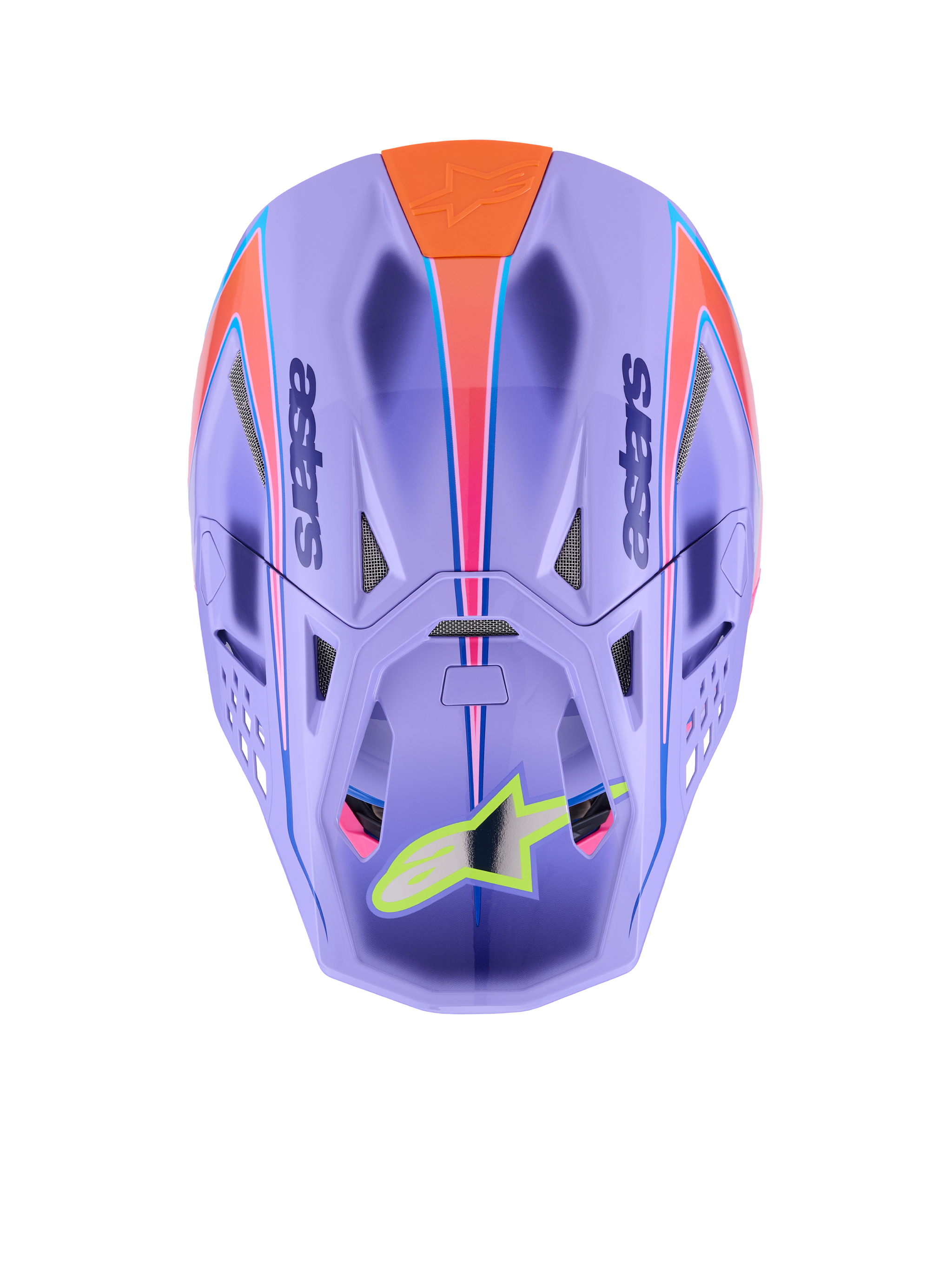 Alpinestars Supertech M10 Jett Lawrence R01 Helm, Motocross-Helm, Lila mit pinkfarbenen und orangefarbenen Grafiken, Ansicht von oben mit Belüftungsöffnungen und aerodynamischer Schale, neongelbes Stern-Logo auf dem Visier, fortschrittliche Kohlefaserkonstruktion für den Offroad-Rennsport