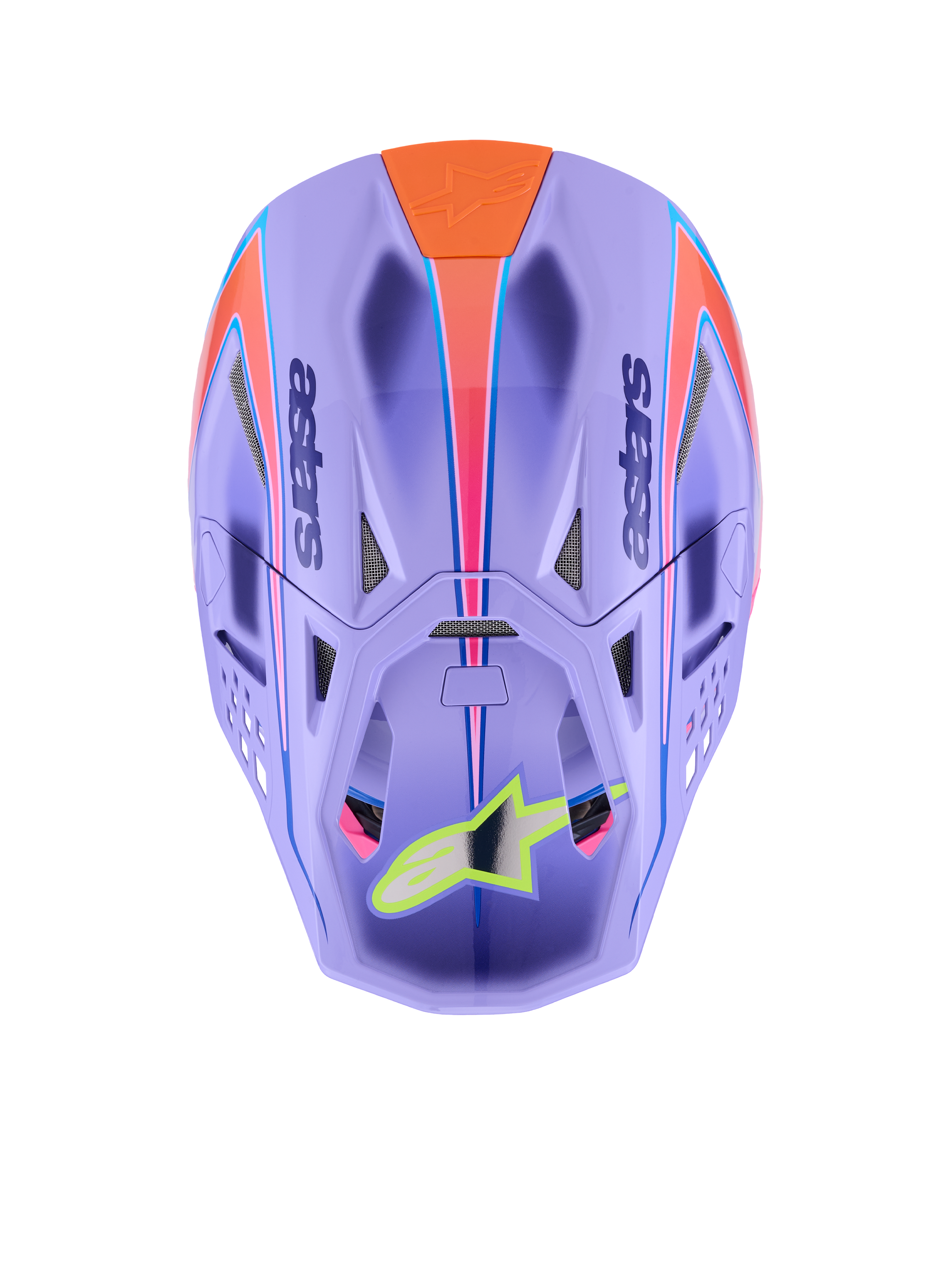 Alpinestars Supertech M10 Jett Lawrence R01 Helmet, Motocross Helmet, Purple with Pink and Orange graphics, top-down view showing ventilation ports and aerodynamic shell, neon yellow star logo on the visor, advanced carbon fiber construction for off-road racing