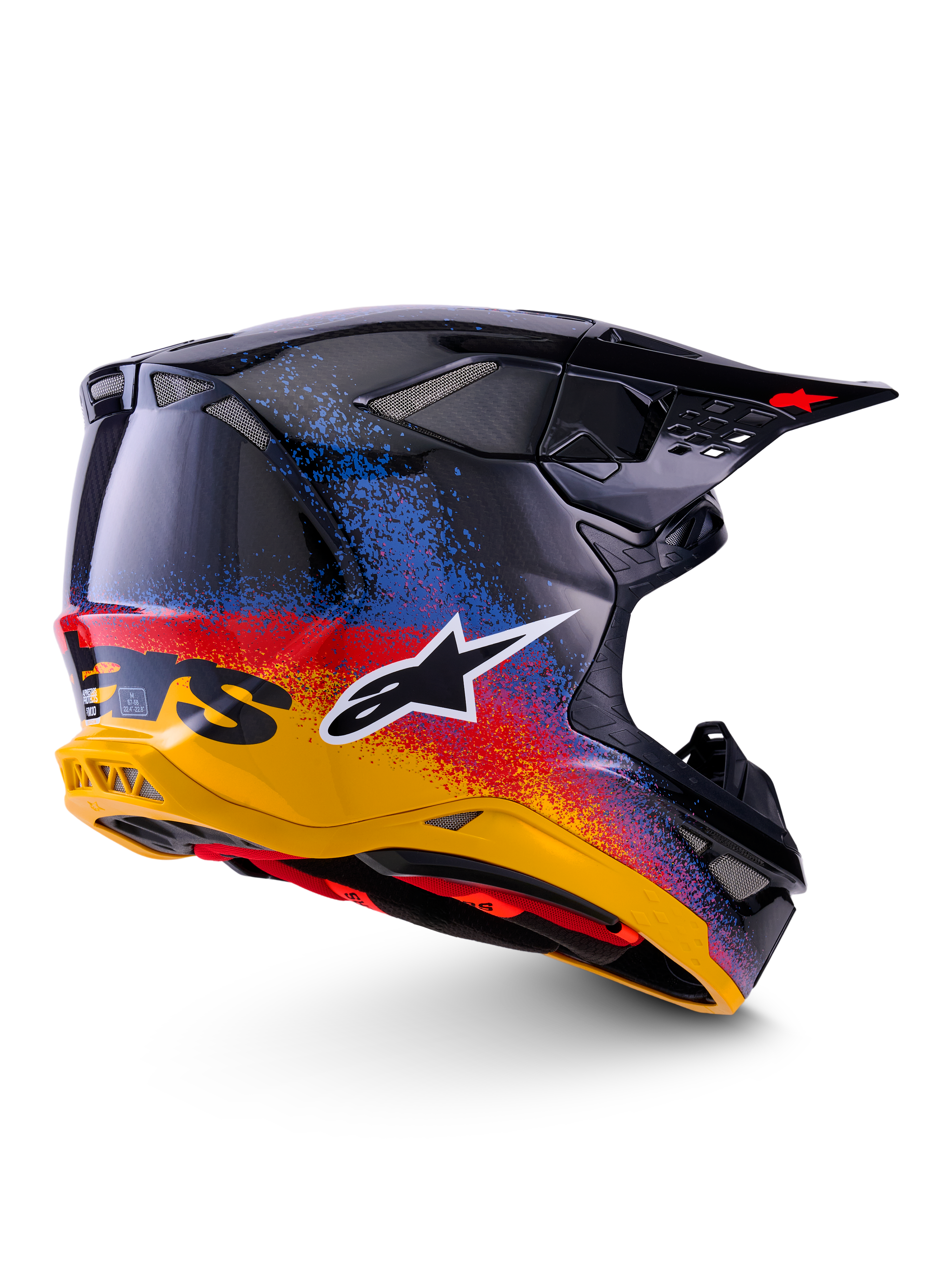Alpinestars Limited Edition Supertech M10 Black Hole Helmet, Motocross Helmet, Black Burst Glossy featuring a vibrant yellow to red and blue speckled gradient, lightweight carbon fiber shell with white A-star logo and integrated mesh exhaust vents