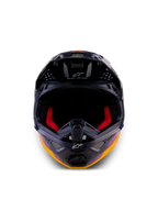 Alpinestars Limited Edition Supertech M10 Black Hole Helmet, Motocross Helmet, Black Burst Glossy with vibrant orange and purple galactic graphics, front view showing red interior padding and ventilation ports