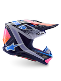 Alpinestars Limited Edition Supertech M10 Records Helm, Motocross-Helm, Mehrfarbig Glänzend, Dunkelblaue Basis mit leuchtend pinkfarbenen, orangefarbenen und hellblauen Records-Grafiken, Seitenprofil mit aerodynamischer Schale, Visier und Belüftungsöffnungen.