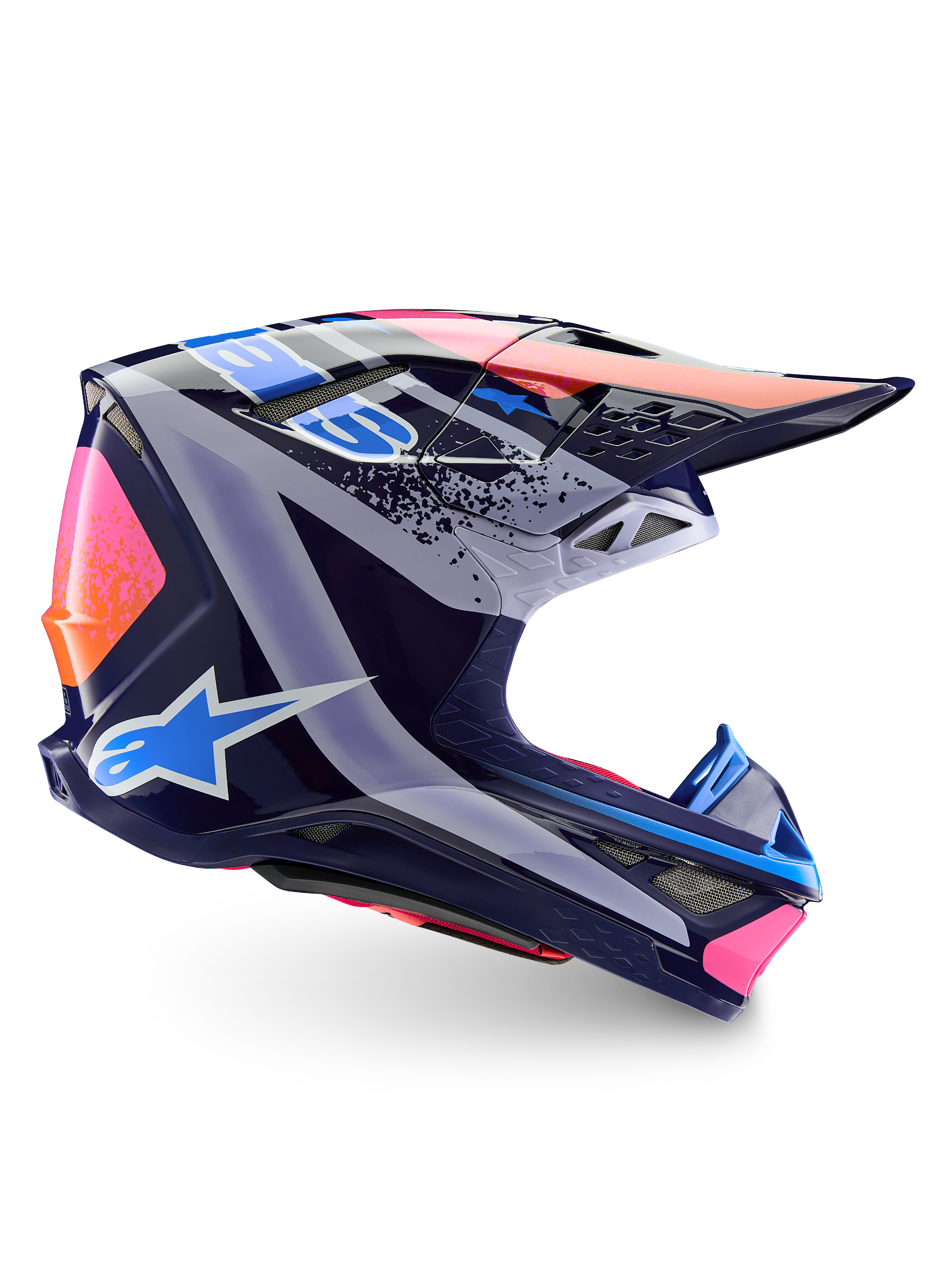 Alpinestars Limited Edition Supertech M10 Records Helm, Motocross-Helm, Mehrfarbig Glänzend, Dunkelblaue Basis mit leuchtend pinkfarbenen, orangefarbenen und hellblauen Records-Grafiken, Seitenprofil mit aerodynamischer Schale, Visier und Belüftungsöffnungen.