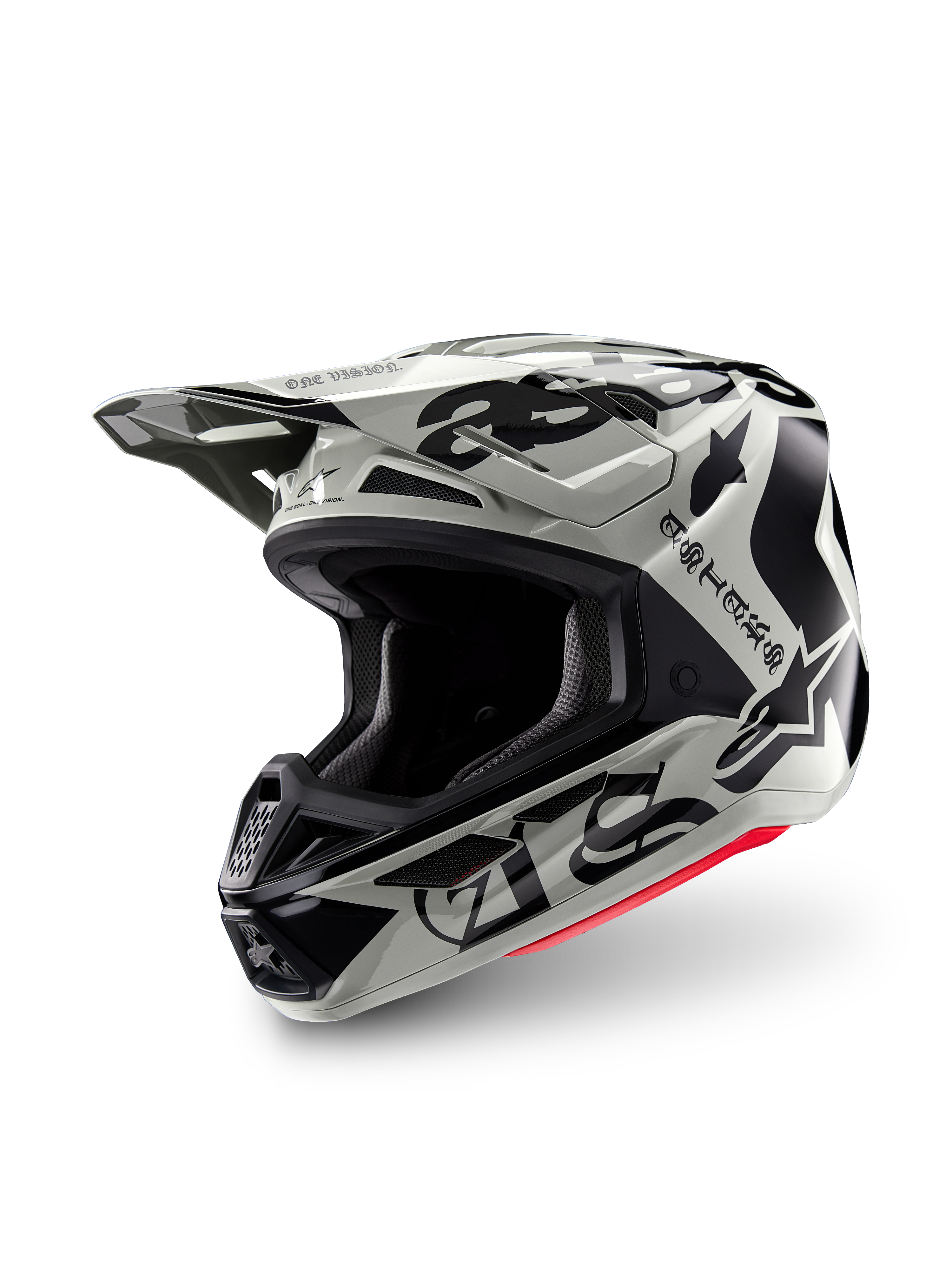 Alpinestars Limited Edition S-M7 Wolf Dust Helm, Motocross-Helm, Dune Black Glossy, hellgraue Schale mit schwarzem gotischen 'ASTARS'-Schriftzug und Stern-Logo, roter Akzent am unteren Rand, mit einem Hochleistungs-Visier und mehreren Belüftungsöffnungen, Dreiviertel-Frontansicht
