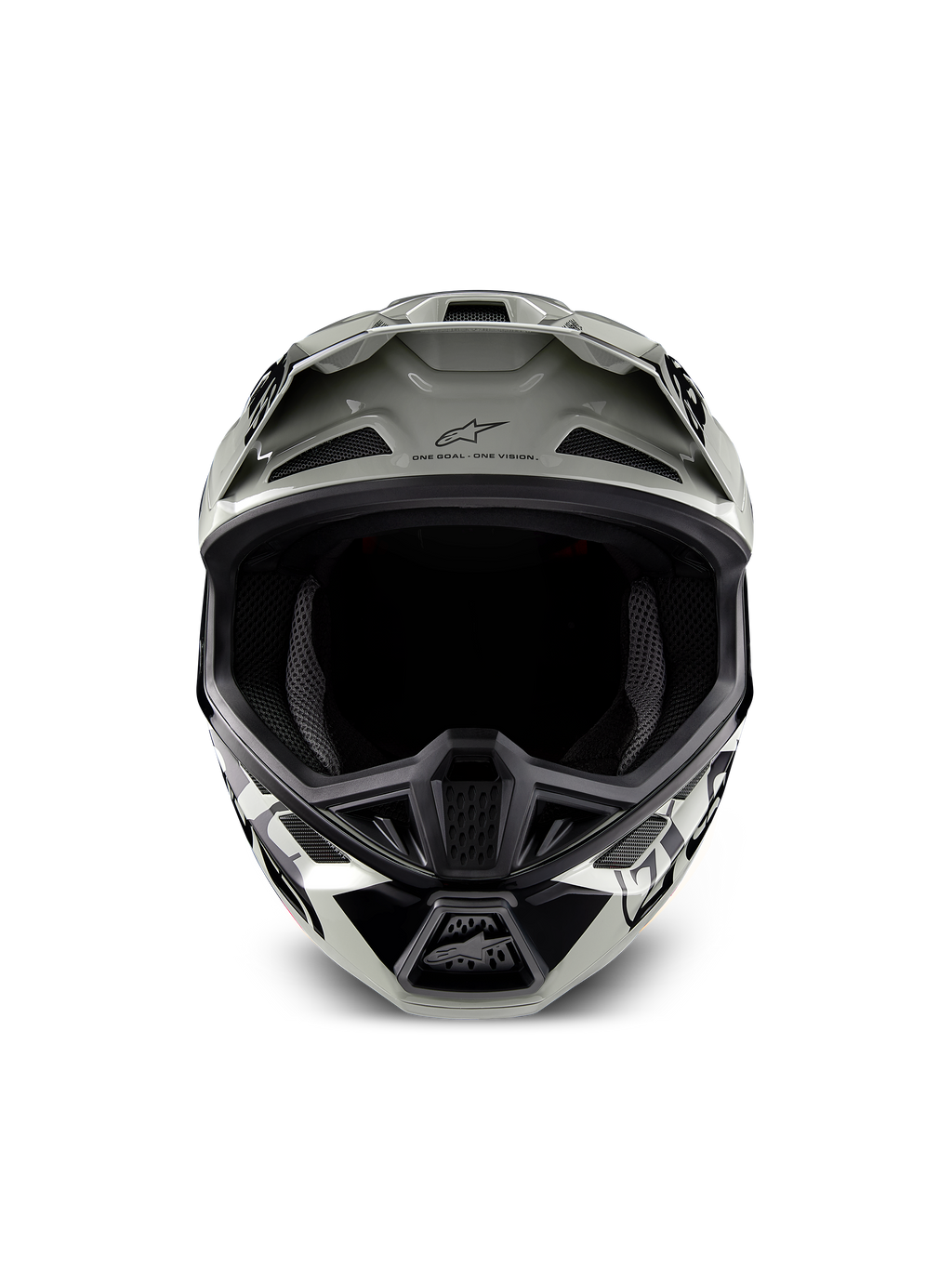 Alpinestars Limited Edition S-M7 Wolf Dust Helm, Motocross-Helm, Dune Black Glänzend mit weißen und schwarzen Grafiken, Vorderansicht mit weitem Sichtbereich und mehreren Belüftungsöffnungen, aerodynamisches Visier mit Alpinestars-Logo und dem Schriftzug „One Goal One Vision“, spezialisierter Kopfschutz für Offroad-Rennen