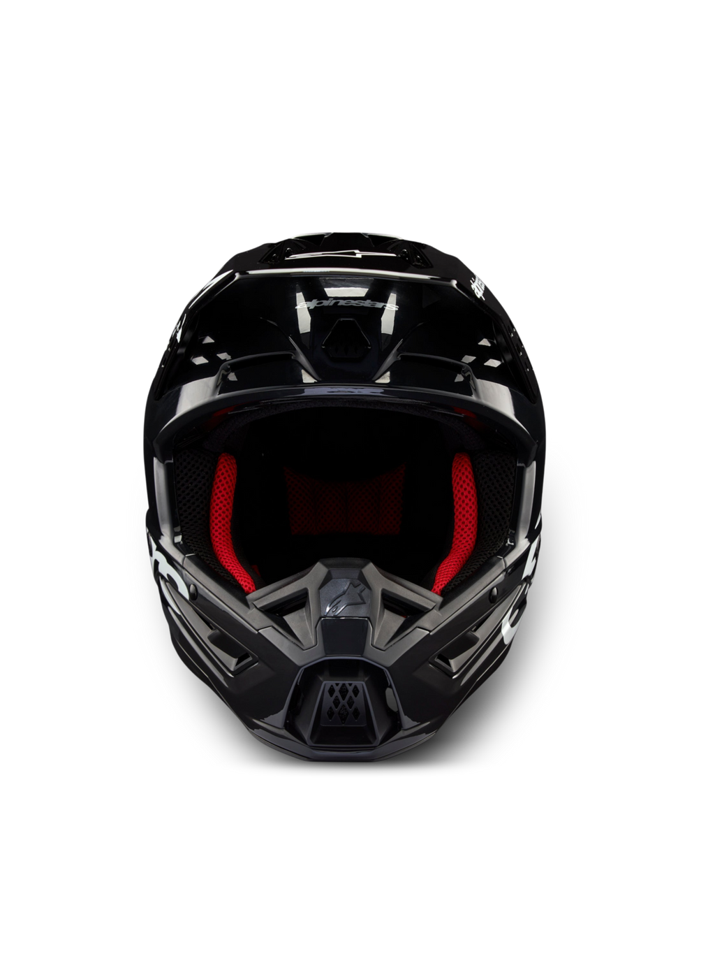 Alpinestars S-M5 Corp Helm ECE 22.06, Motocross-Helm, Dunkelgrau glänzend mit rotem Innenfutter, ECE-zertifiziert.