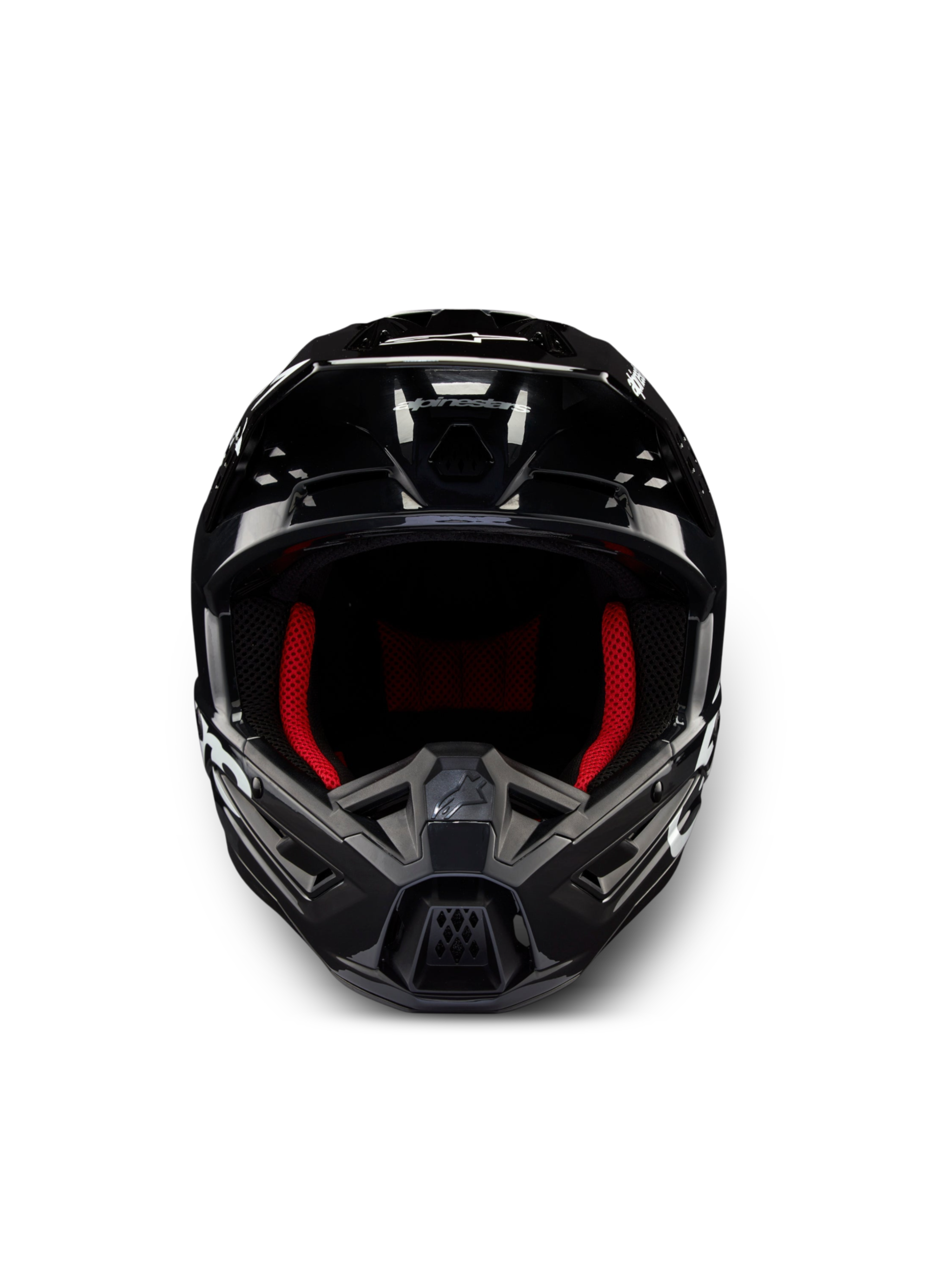 Alpinestars S-M5 Corp Helm ECE 22.06, Motocross-Helm, Dunkelgrau glänzend mit rotem Innenfutter, ECE-zertifiziert.