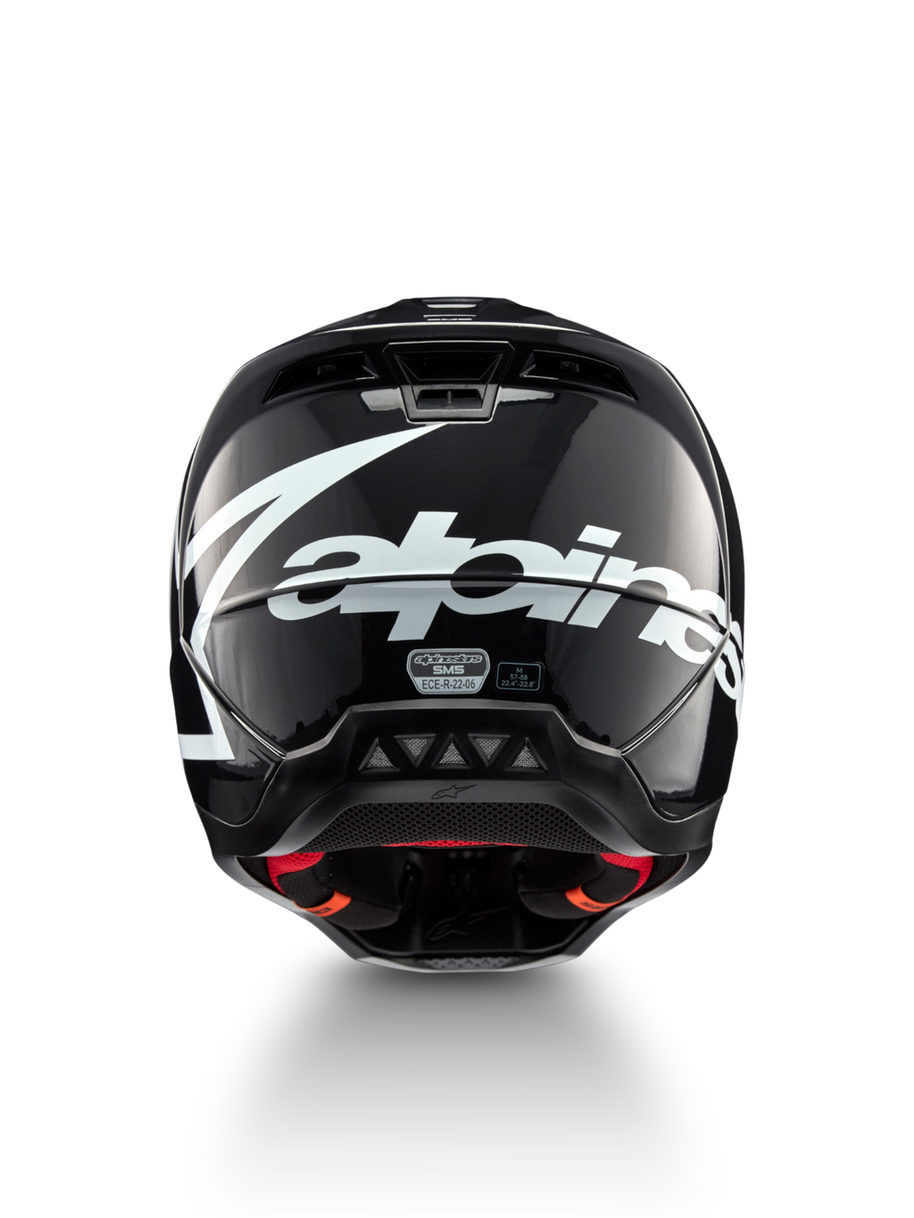 Alpinestars S-M5 Helm Corp, Motocross-Helm, Dunkelgrau glänzend, ECE 22.06, Rückansicht mit weißem Logo, Größe M.