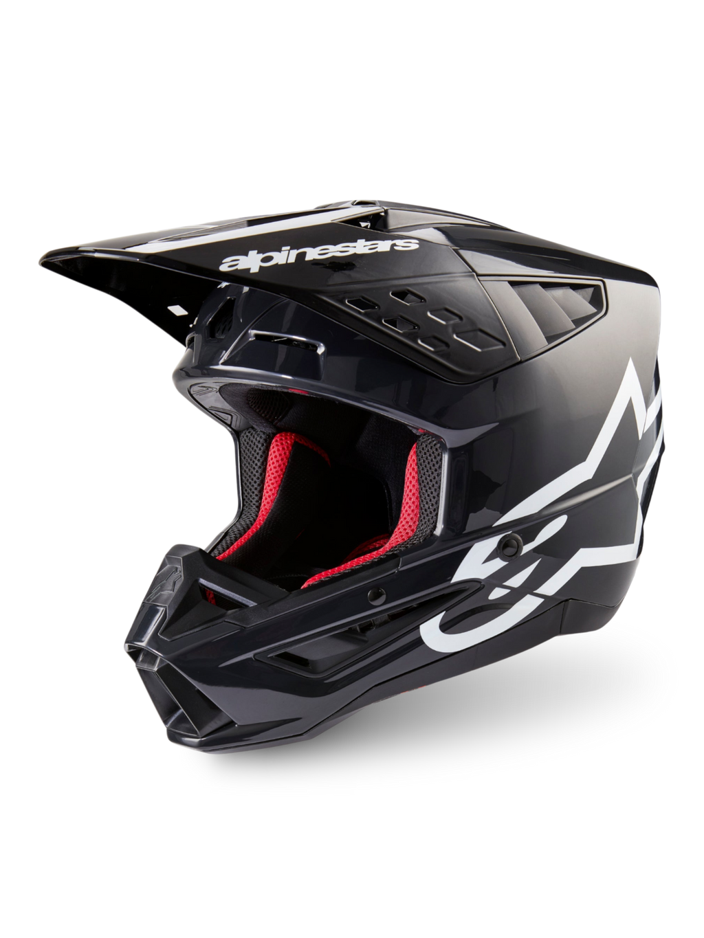 Alpinestars S-M5 Corp Helm, Motocross-Helm für Offroad, Dunkelgrau glänzend und Weiß, ECE 22.06 zertifiziert, rotes Innenfutter.