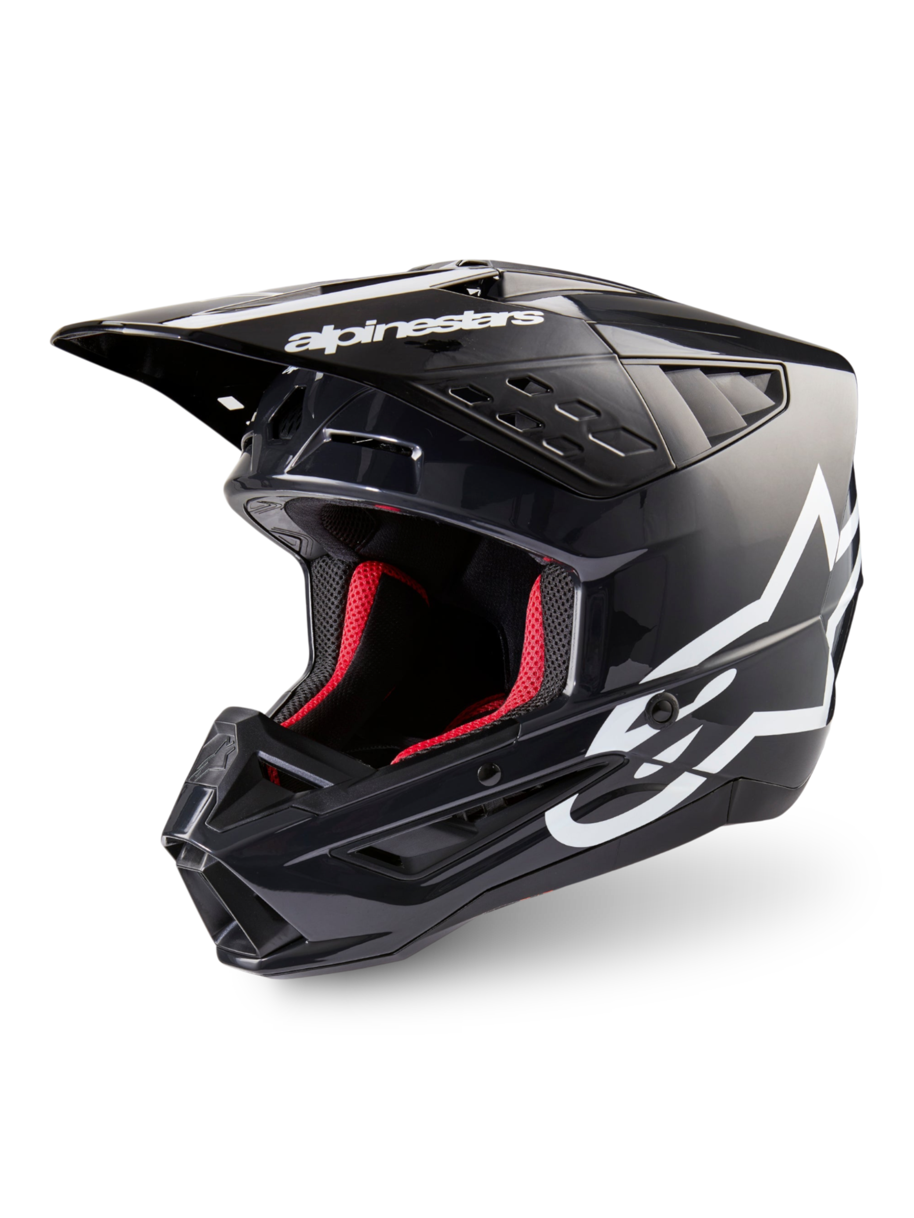Alpinestars S-M5 Corp Helm, Motocross-Helm für Offroad, Dunkelgrau glänzend und Weiß, ECE 22.06 zertifiziert, rotes Innenfutter.
