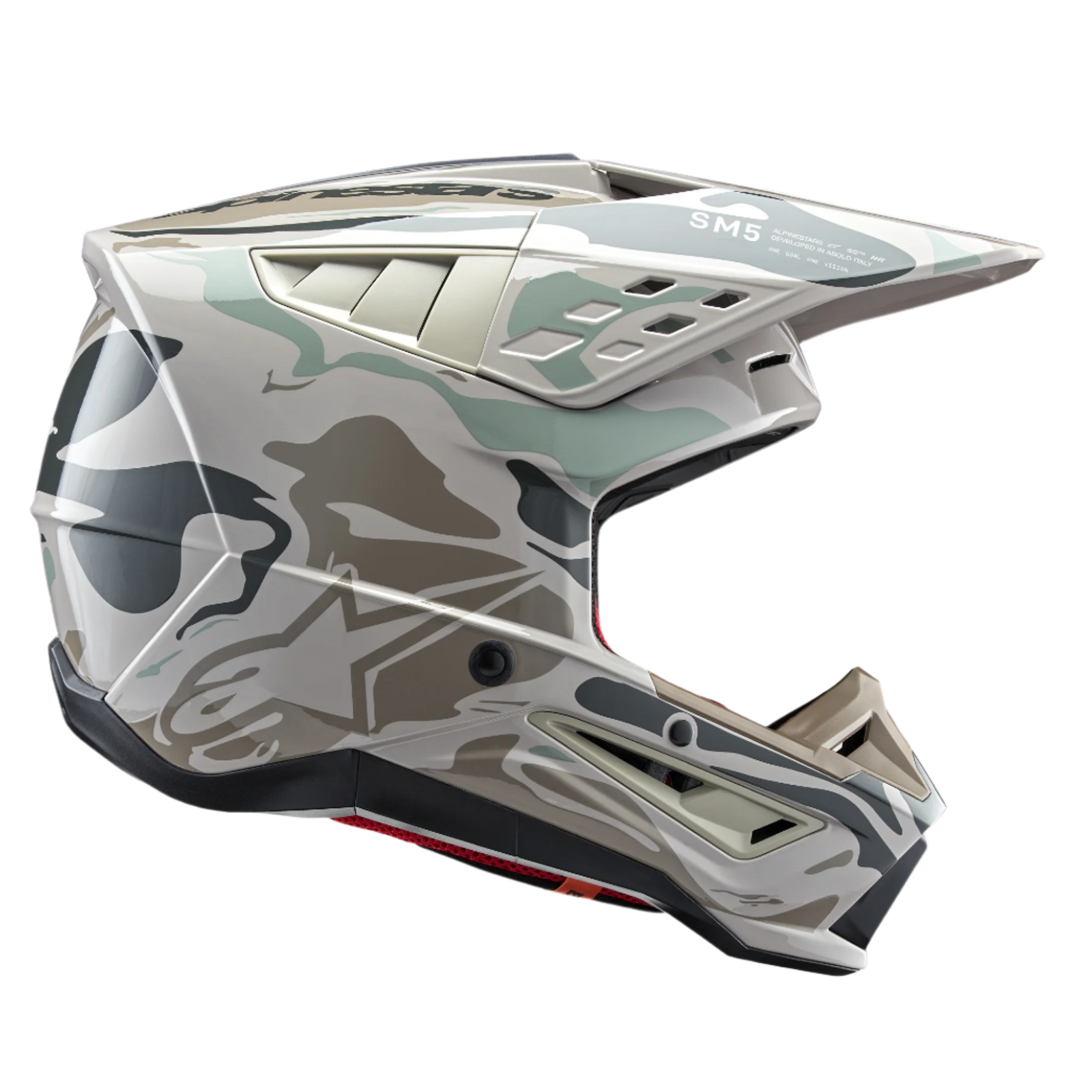 Alpinestars S-M5 Mineral Helmet ECE, Motocross Helmet, Warm Gray and Celadon Green Glossy, featuring a camouflage-style mineral graphic, side profile showing the aerodynamic visor and ventilation ports, glossy finish for off-road racing