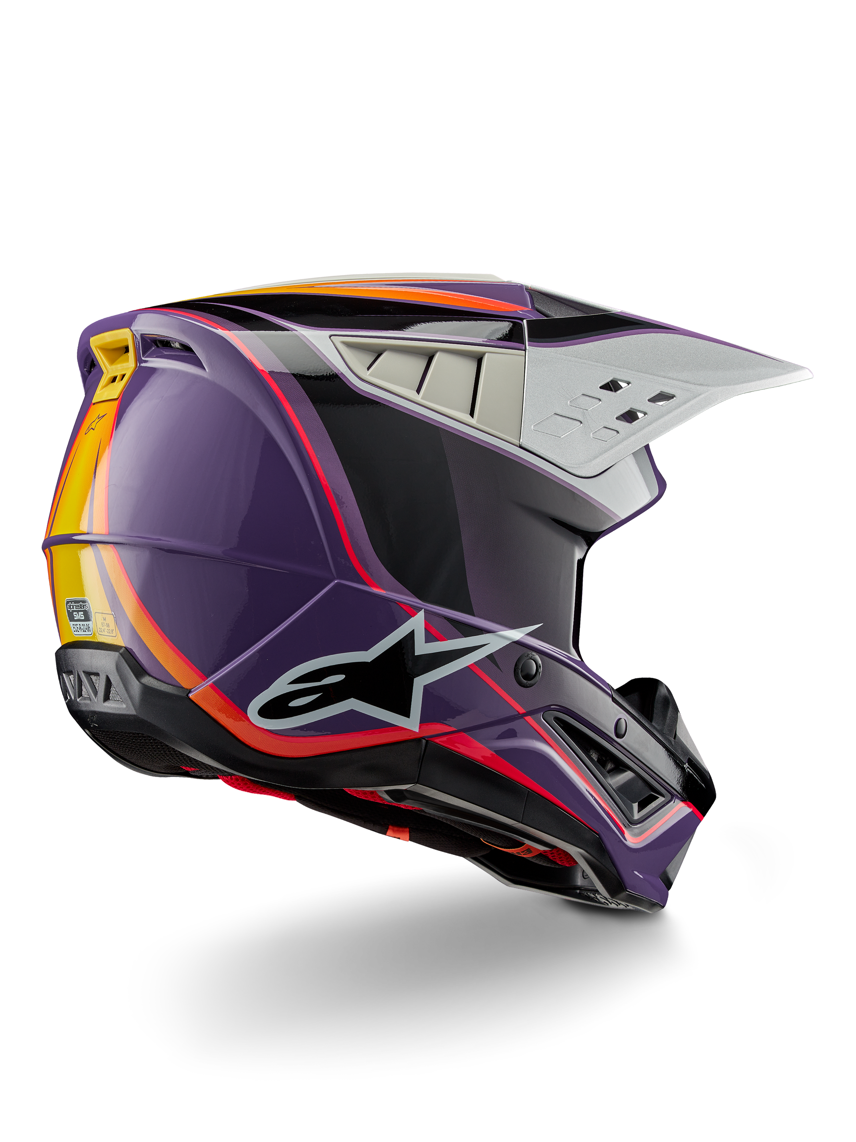 Alpinestars S-M5 Sail Helm ECE, Motocross-Helm, Violett Schwarz Silber Glänzend, mit orangefarbenen und gelben Streifenakzenten, großes schwarzes Stern-Logo, aerodynamisches Profil mit hinteren Belüftungsöffnungen, glänzendes Finish für den Offroad-Rennsport
