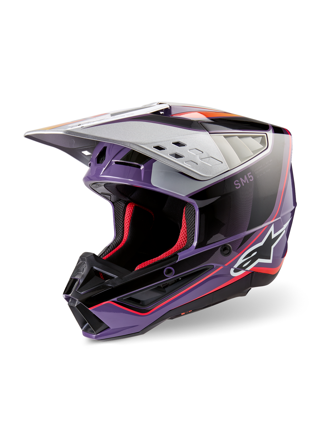 Alpinestars S-M5 Sail Helm ECE, Motocross-Helm, Violett, Schwarz und Silber glänzend, mit roter Innenpolsterung und Akzenten, glänzendes Finish mit markantem Alpinestars-Logo, aerodynamisches silbernes Visier, professionelle Offroad-Schutzausrüstung