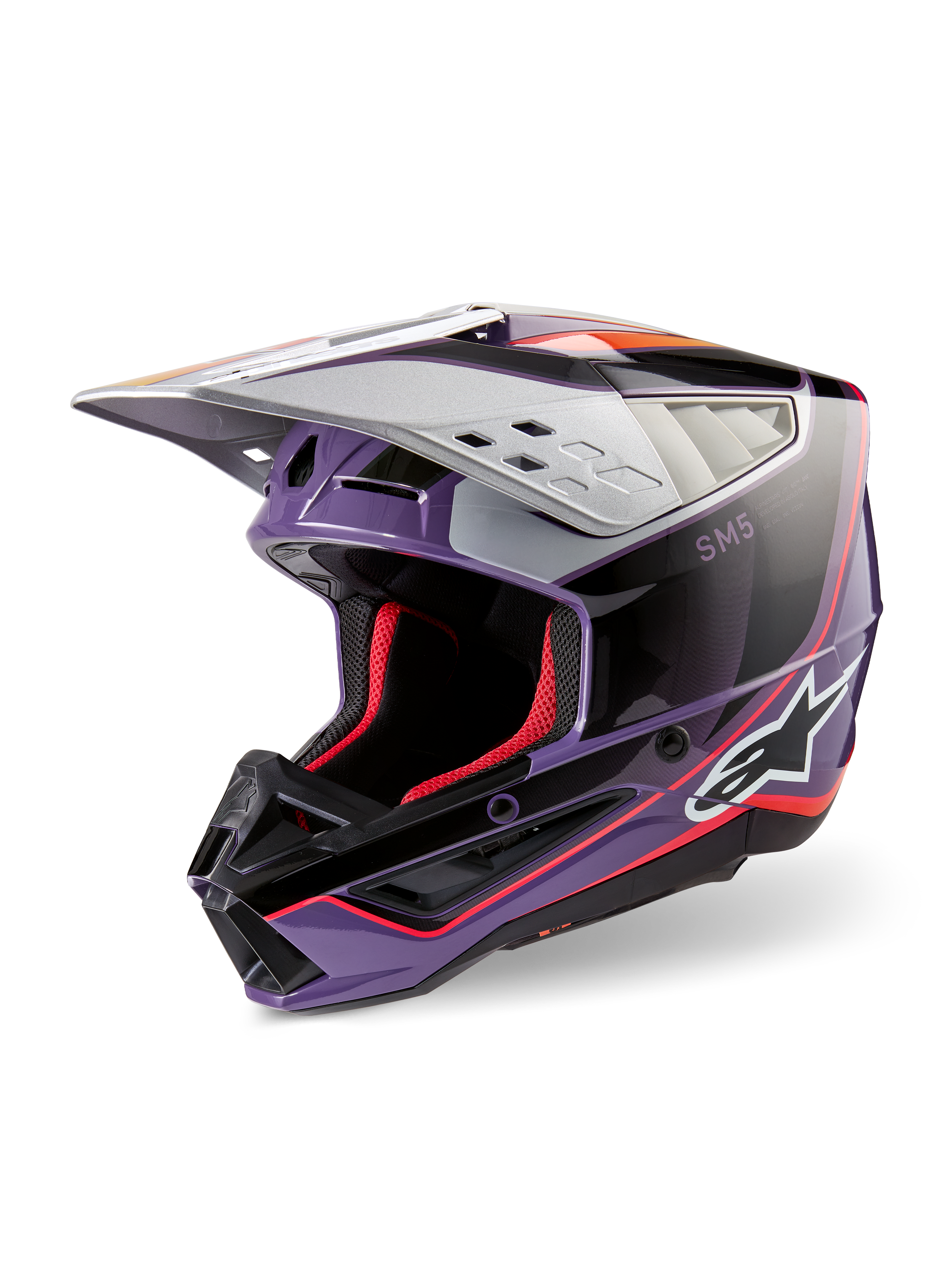 Alpinestars S-M5 Sail Helm ECE, Motocross-Helm, Violett, Schwarz und Silber glänzend, mit roter Innenpolsterung und Akzenten, glänzendes Finish mit markantem Alpinestars-Logo, aerodynamisches silbernes Visier, professionelle Offroad-Schutzausrüstung