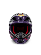 Alpinestars S-M5 Sail Helm ECE, Motocross-Helm, Violett, Schwarz und Silber Glänzend, Vorderansicht mit roter Innenpolsterung, belüftetem Kinnbügel und Visier mit orangefarbenen Akzenten, aerodynamische Schale für Offroad-Schutz