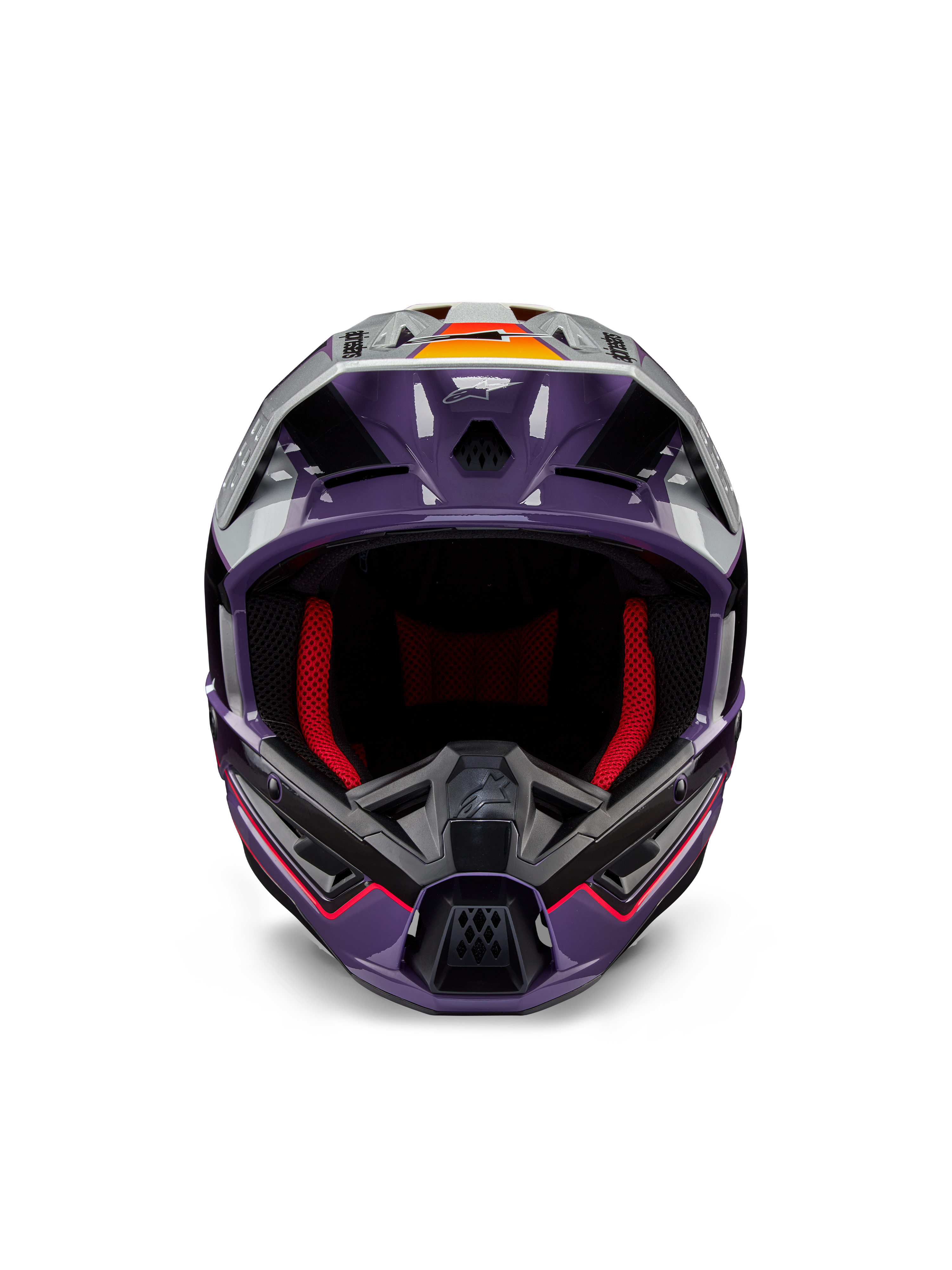 Alpinestars S-M5 Sail Helm ECE, Motocross-Helm, Violett, Schwarz und Silber Glänzend, Vorderansicht mit roter Innenpolsterung, belüftetem Kinnbügel und Visier mit orangefarbenen Akzenten, aerodynamische Schale für Offroad-Schutz