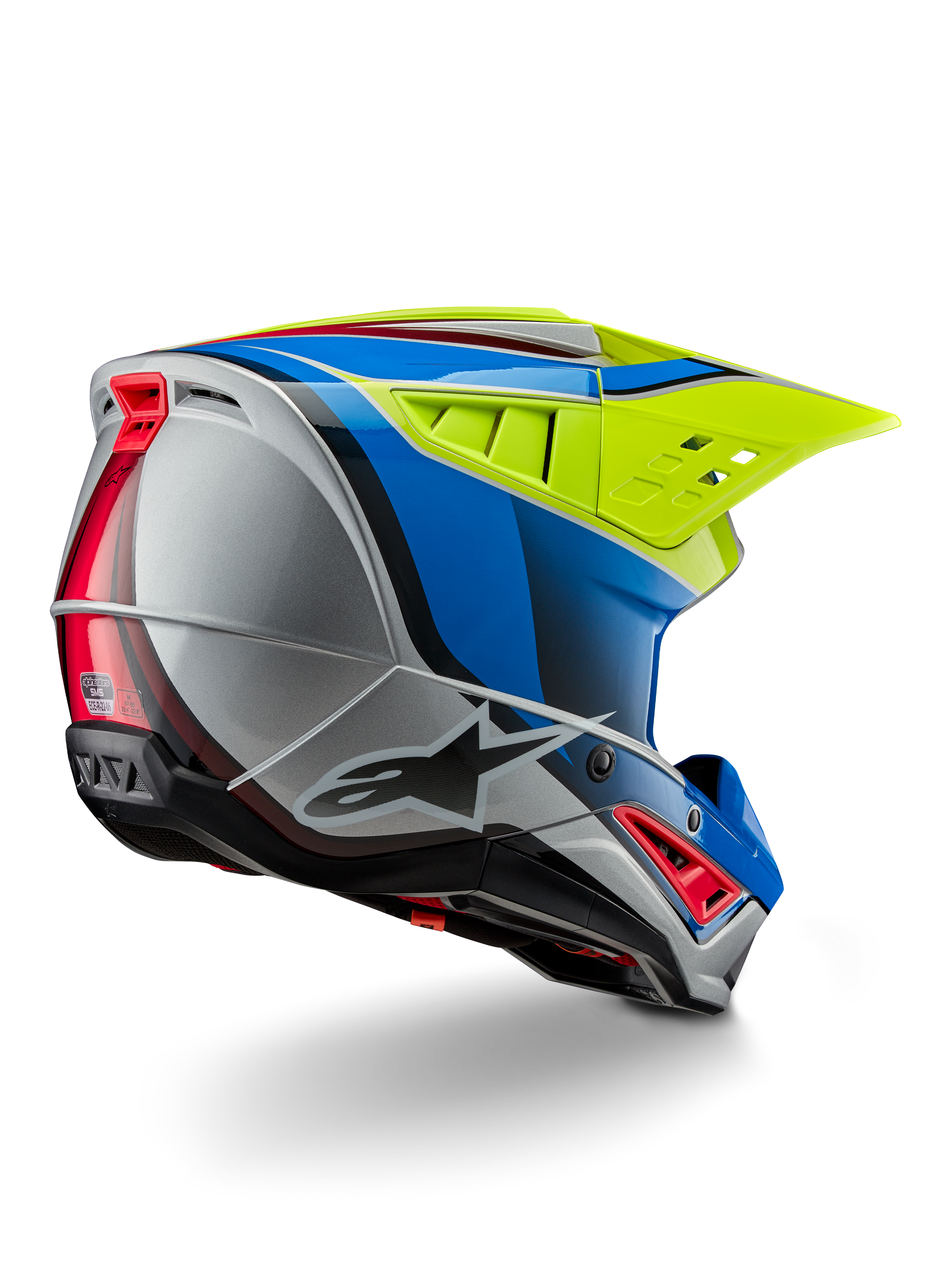 Alpinestars S-M5 Sail Helmet ECE, Motocross Helmet, Yellow Fluo Enamel Blue and Silver Glossy, rear three-quarter view showing aerodynamic thermoplastic shell, large ventilated visor, and integrated cooling vents for off-road racing protection.