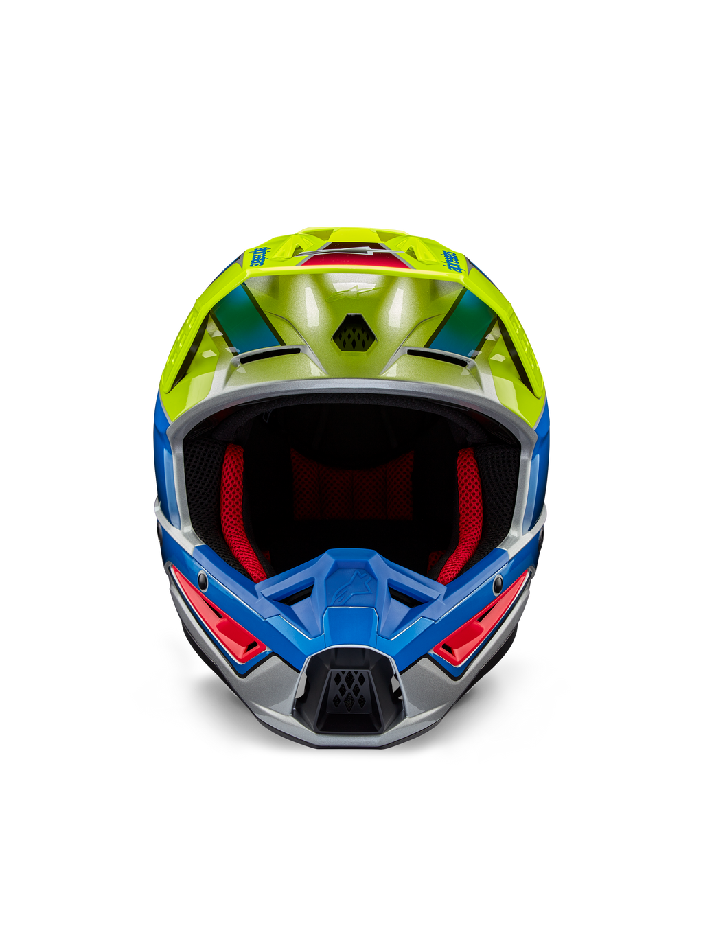 Alpinestars S-M5 Sail Helmet ECE, Motocross Helmet, Yellow Fluo and Enamel Blue with Silver Glossy finish, front-facing view showing red interior padding and aerodynamic visor, high-performance head protection for off-road racing
