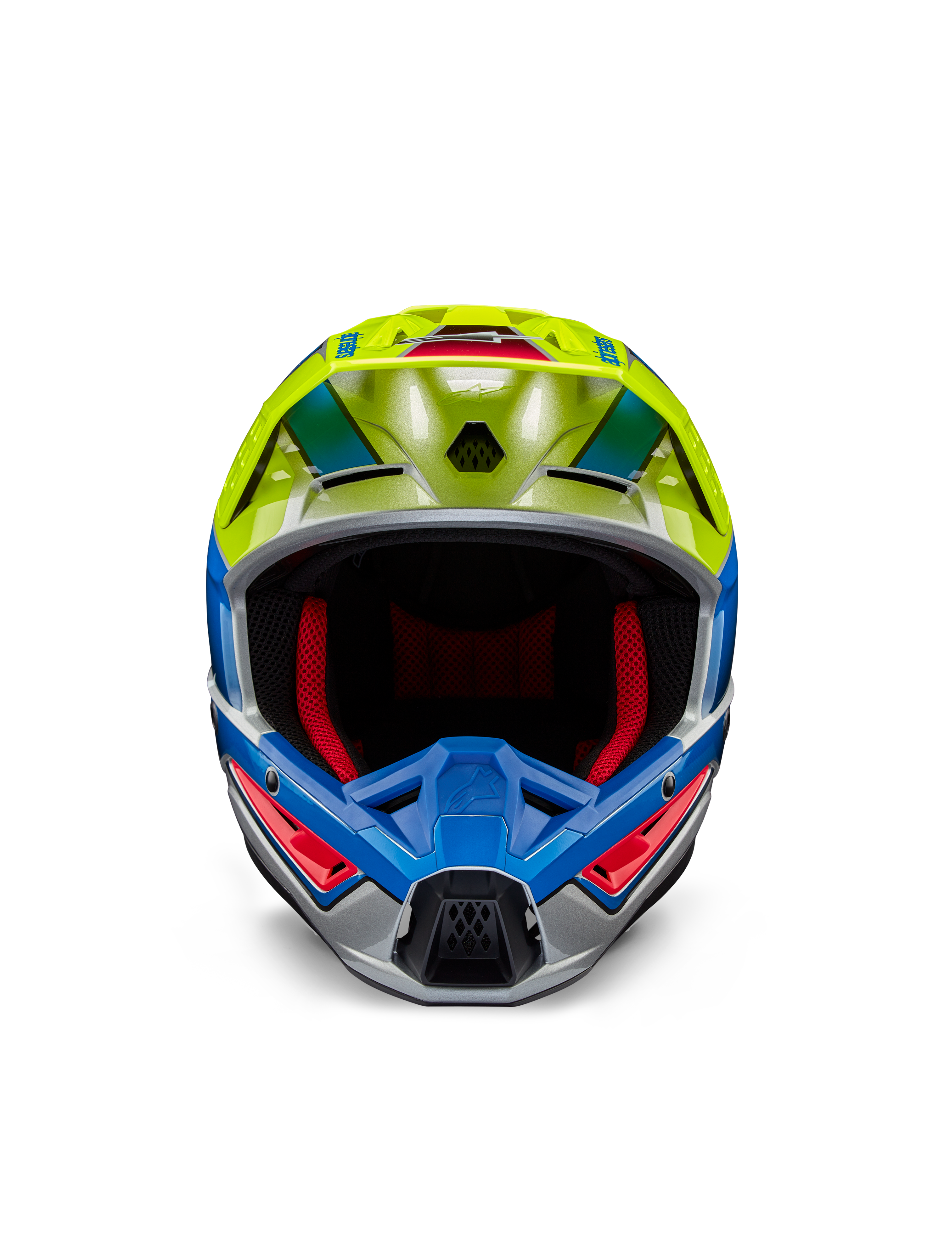 Alpinestars S-M5 Sail Helmet ECE, Motocross Helmet, Yellow Fluo and Enamel Blue with Silver Glossy finish, front-facing view showing red interior padding and aerodynamic visor, high-performance head protection for off-road racing